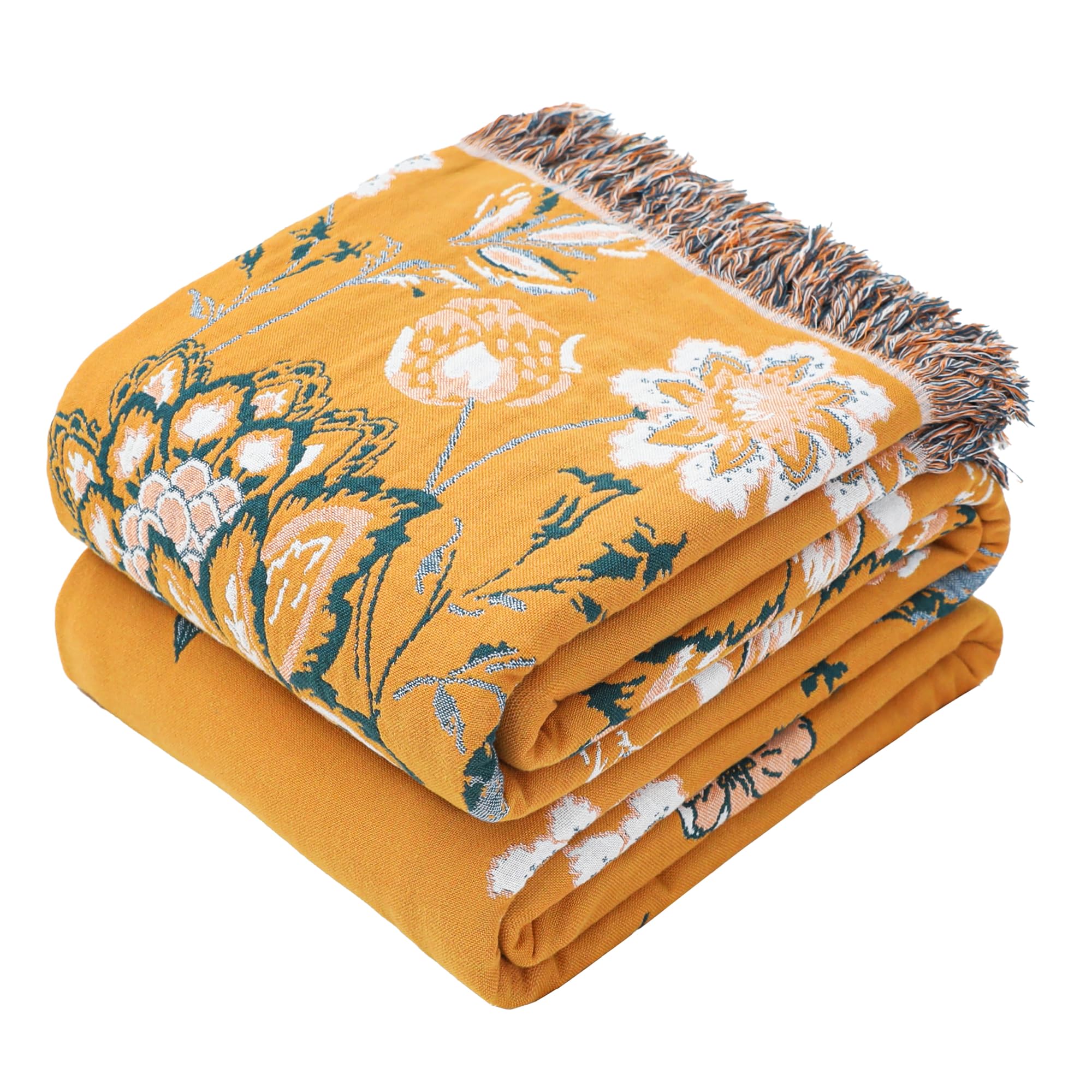 VANJOROY Jeté de canapé Bohémien, grand, 100 % coton biologique, doux, double face, jeté bohème pour 2-, 3-places, fauteuil, canapé et couvre-lit, 230 x 250 cm, Jaune