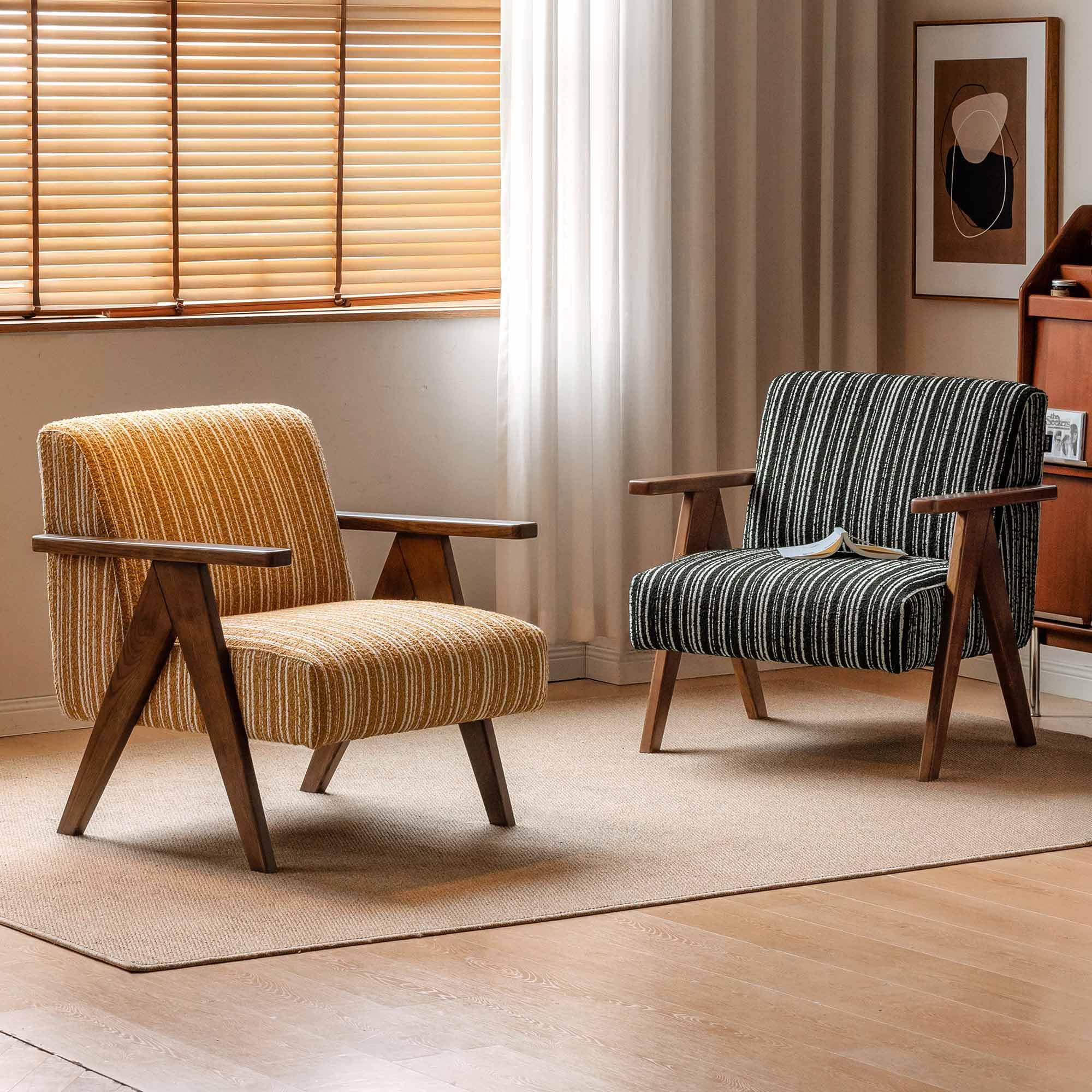 Poltrona da salotto in legno, stile retrò, con ampia seduta imbottita e design a righe, per soggiorno, camera da letto, ufficio, casa