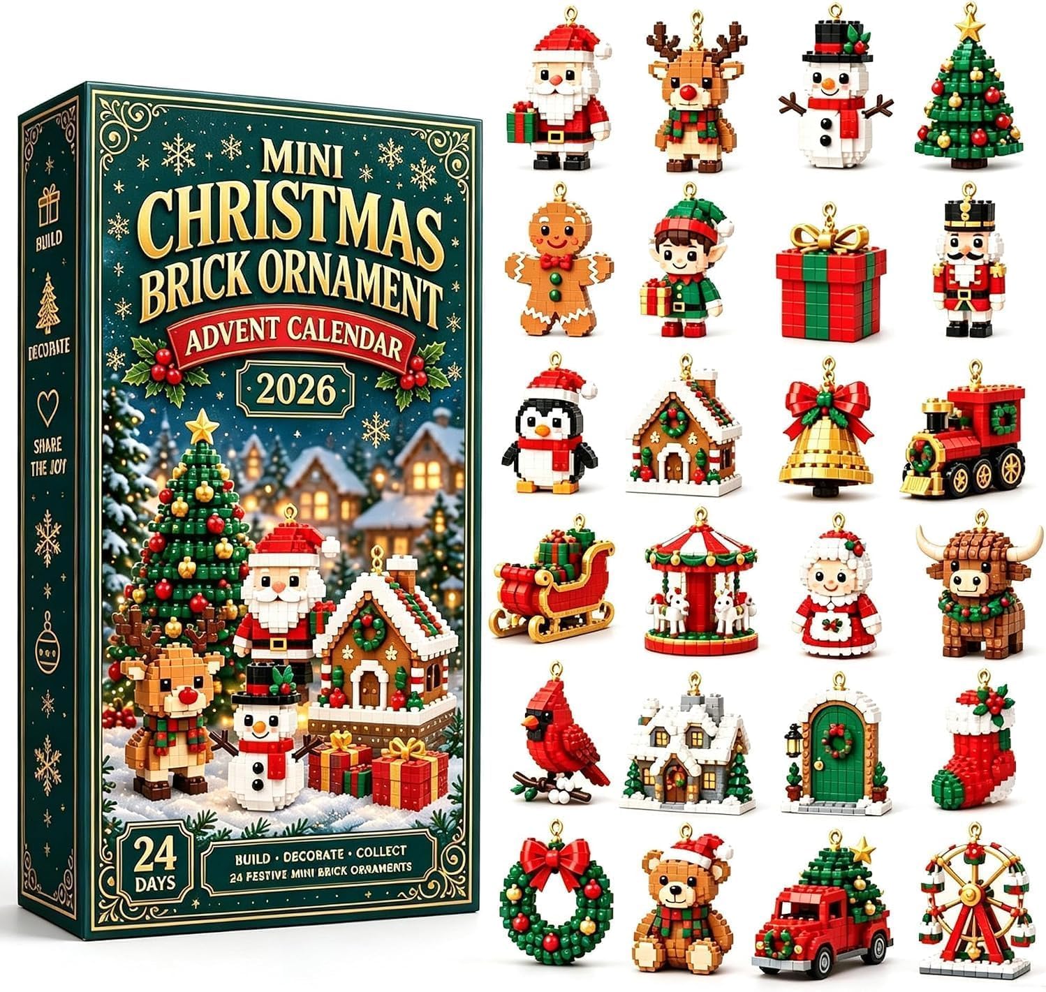 24-Day Mini Christmas Brick Ornament Advent Calendar，Acrylic 2D-2PC