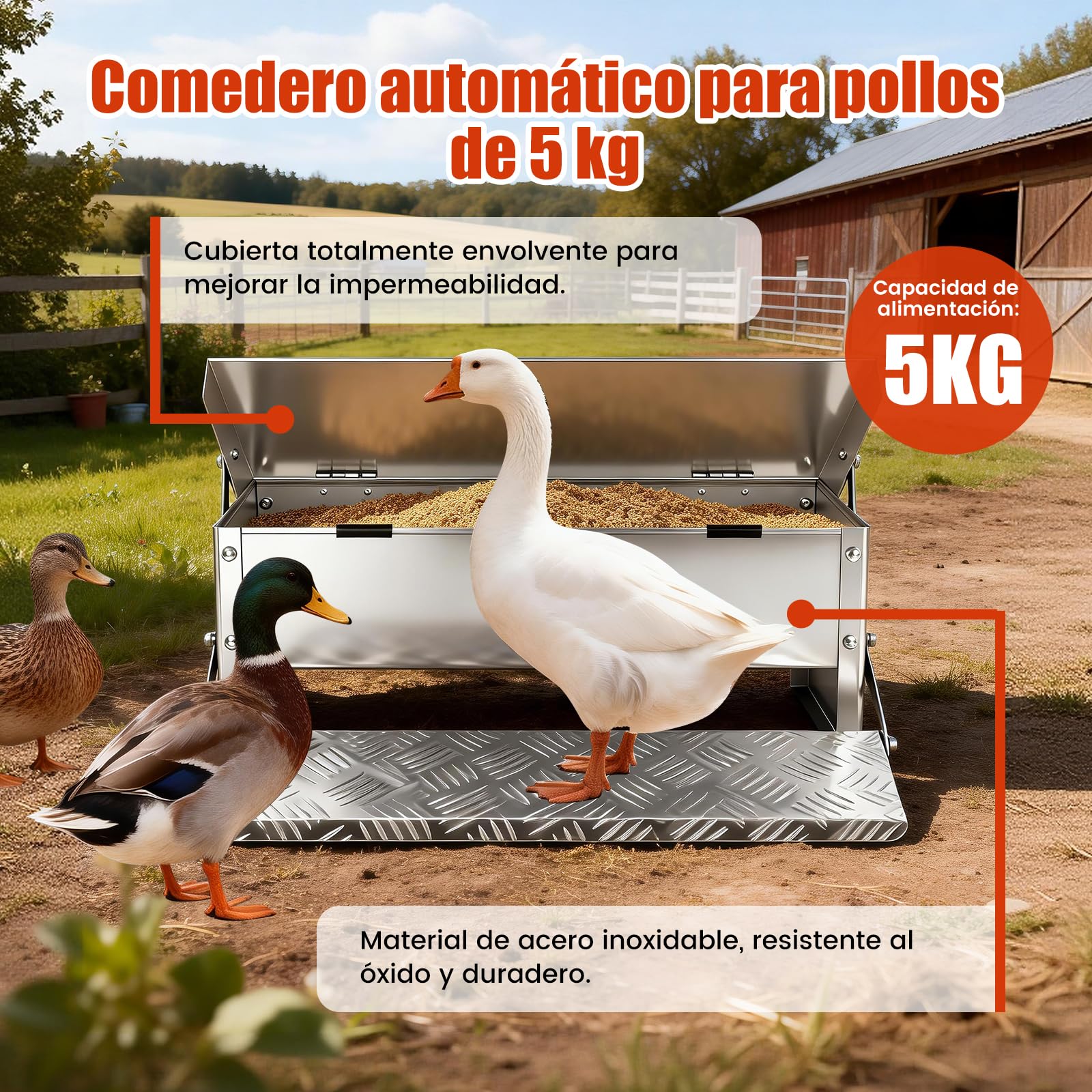 Comedero de Pedal para Pollos 5kg Metálico, Alimentador Anti Desperdicio A Prueba de Roedores con Tapa Resistente a la Intemperie para Gallinas Enanas y Faisanes