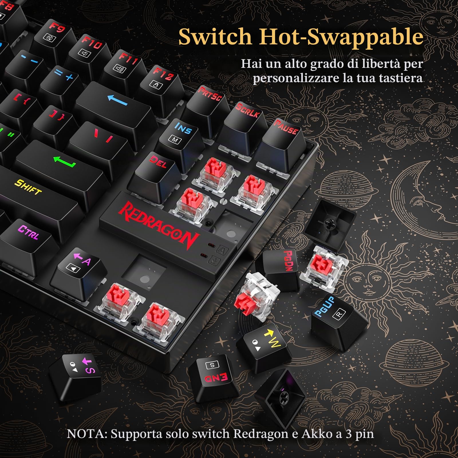 Redragon Tastiera Gaming Meccanica, LED RGB Retroilluminato Arcobaleno, Tastiera Cablata con Interruttori Red Equivalenti per PC da Gioco Windows (87 Tasti, Nero)
