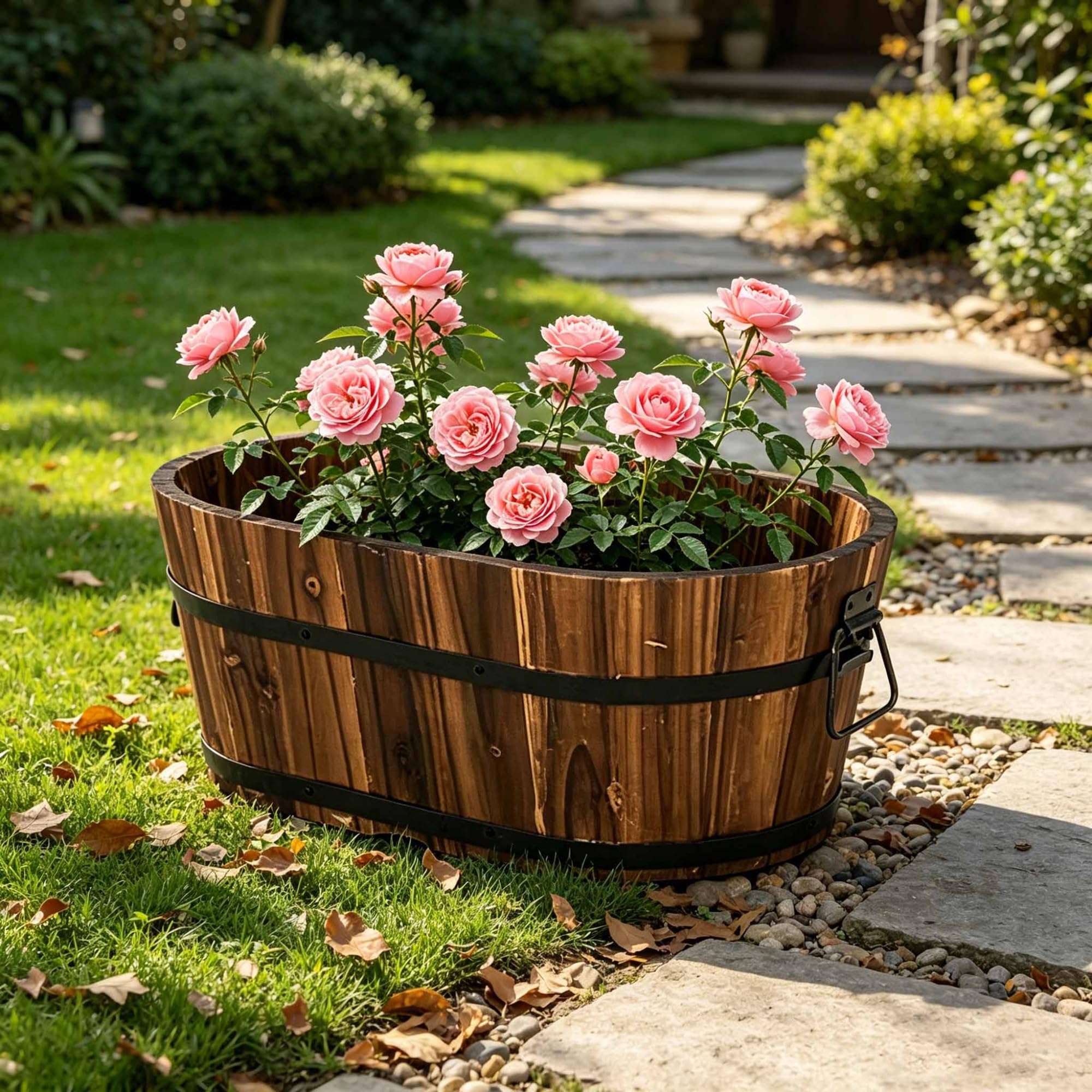 Dalumian Rustic Wooden Barrel Planter, Whiskey Resin Flower Pot Barrel Planter, Outdoor Plants Boxes Container w/Iron Handles & Drainage Holes, Suitable for Home Garden Patio Backyard (Brown)(Large)