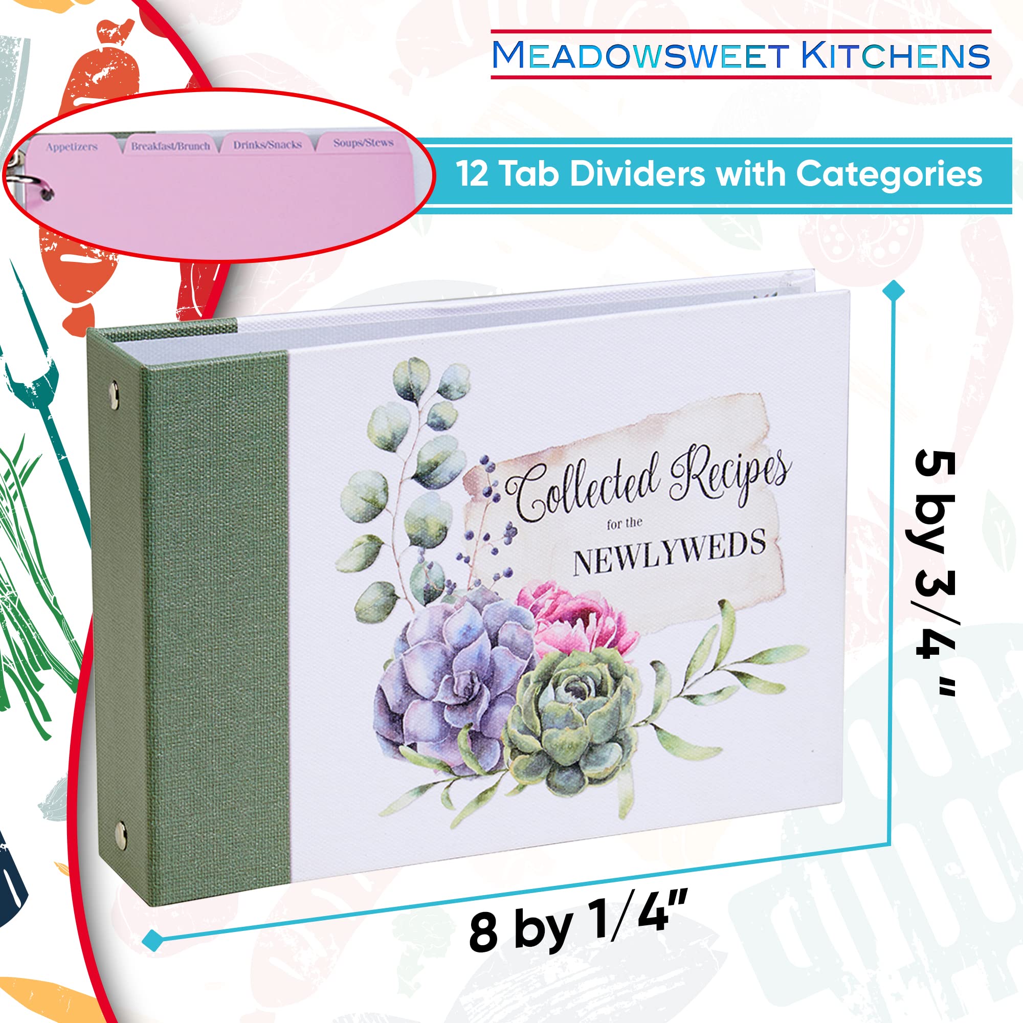 Meadowsweet Kitchens Newlyweds - Raccoglitore a 2 anelli per ricettario, con 50 buste trasparenti e 12 divisori per carte di auguri, per sposi novelli, 50 buste trasparenti per carte e 12 divisori per