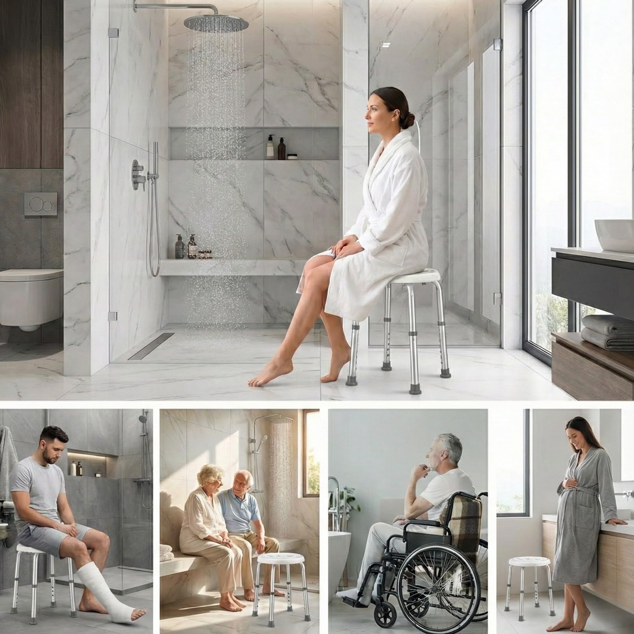 Duschhocker - Duschstuhl 360° drehbar und höhenverstellbar, Badhocker für die Dusche bis 136kg belastbar, Rutschfester Duschsitz für Senioren und Erwachsene, Dusch Hocker