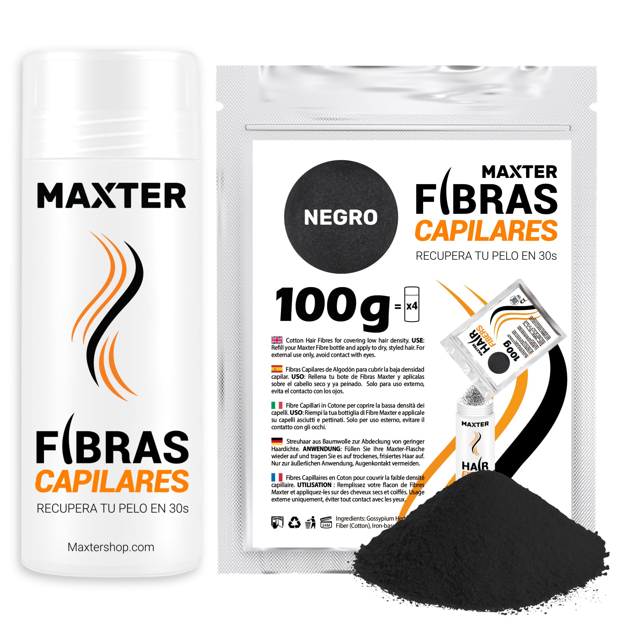 Maxter Fibre Capelli NERO + Borsa di Ricarica 100g - Polvere Volumizzante Capelli per Nascondere la Caduta dei Capelli e la Calvizie - Fibre Cotone per Capelli - Per Uomo e Donna - Hair Fiber