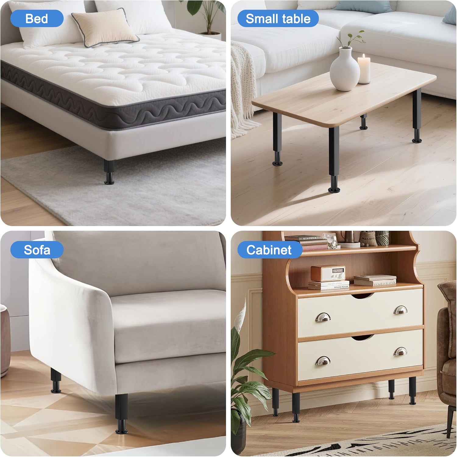 VETIN 4 Pcs Adjustable Bed Support Legs 10-17 Inch, Heavy Duty Metal Bed Frame Center Slat Support Feet with Non-Slip Rubber Base, Furniture Legs for Sofa Bed Couch Dresser Table