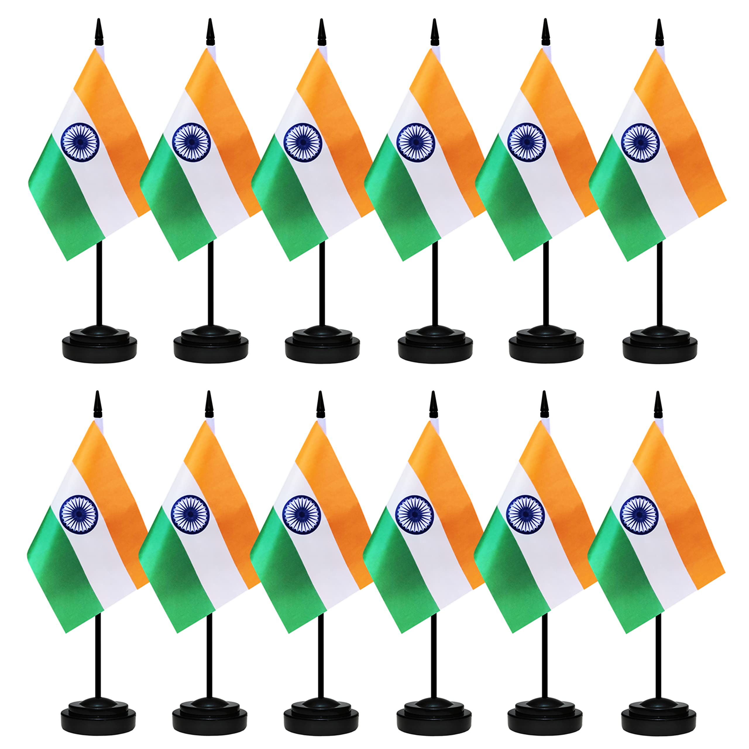 12 Pack India Desk Flags Set, Indian Small Mini Table Office Flags with 12" Solid Black Pole, 8.2 x 5.5 Inches, Home and Office Decoration, Festival Celebrations