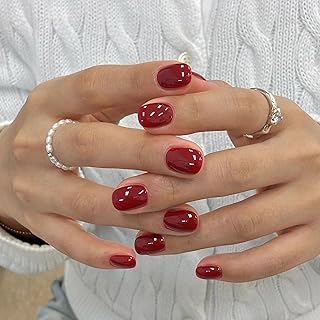 Qsnidy Press On Nails Squoval - Wine Red Fake Nails Short Full Cover Acrylic Glue on Nails in 12 Sizes - 24 Piece Pure Color Nail Kit，Natural Fit for Women & Girls Daily Wear