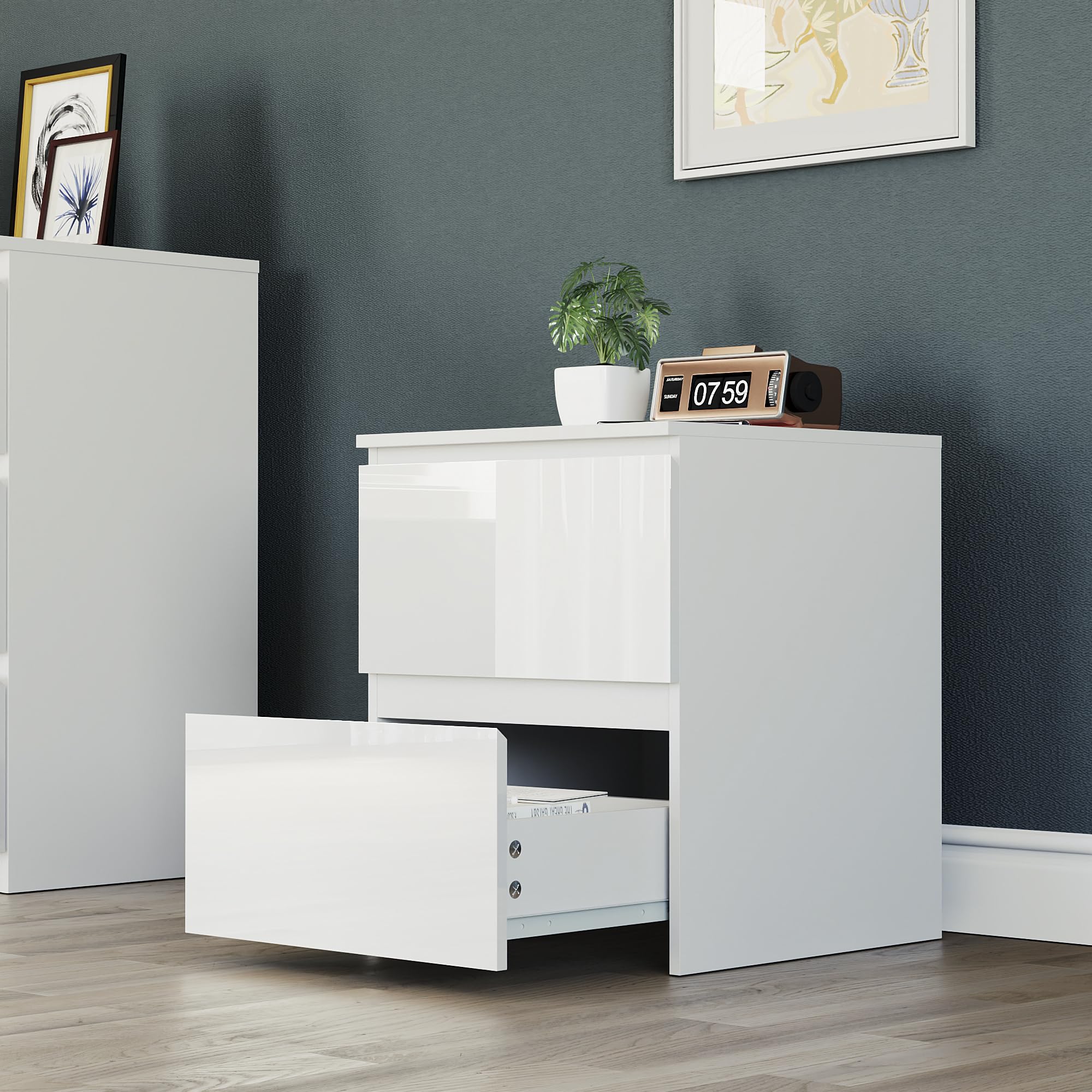 Vida Designs Glinton Commode de Chevet 2 tiroirs Blanc FSC 100%, Bois d'ingénierie, H 50 x W 43 x D 40 centimetres
