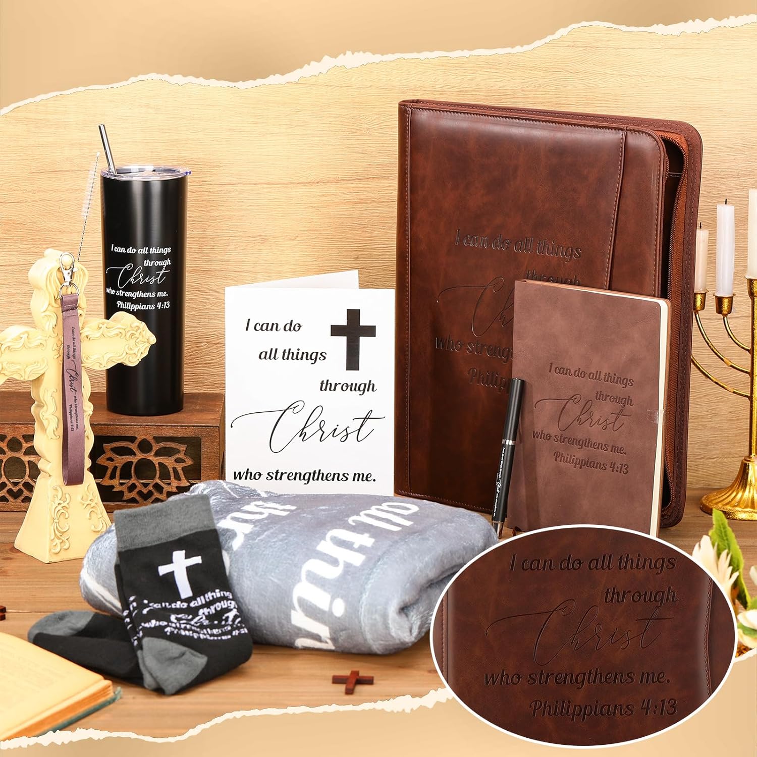 Sieral 8 Pcs Christmas Pastor Appreciation Gifts Set for Men Religious Christian Gifts Leather Portfolio Journal Bible Scripture Keychain Pen Notebook Bookmarks for Dad, Husband, Grandpa, Coworker