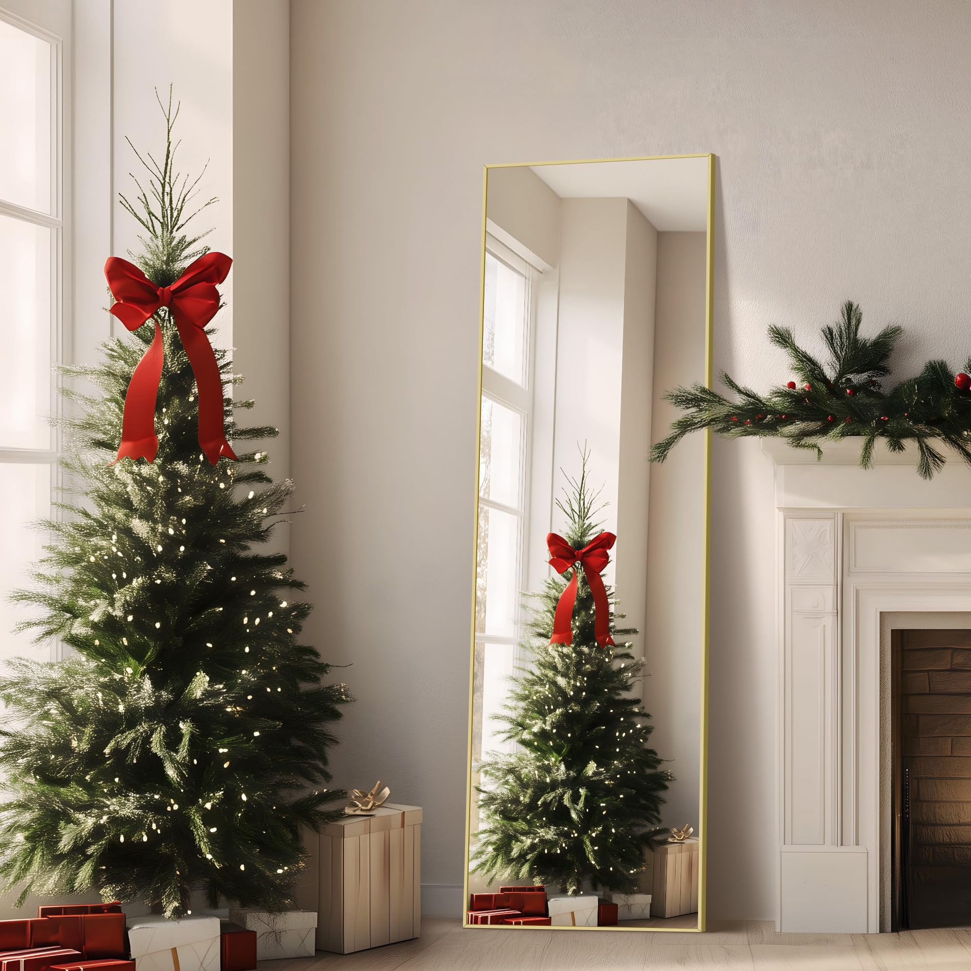 NIMURY Espejo de Pie 150 x 40 cm, Gran Espejo de Pared Rectangular con Marco de Aluminio Dorado, Espejo de Cuerpo Entero para Baño, Dormitorio, Entrada y Pasillo