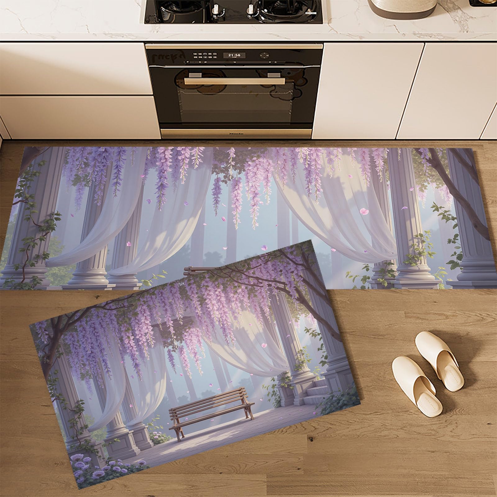 Alfombras de cocina de 43x75 y 43x150 cm, juego de 2 piezas en color púrpura