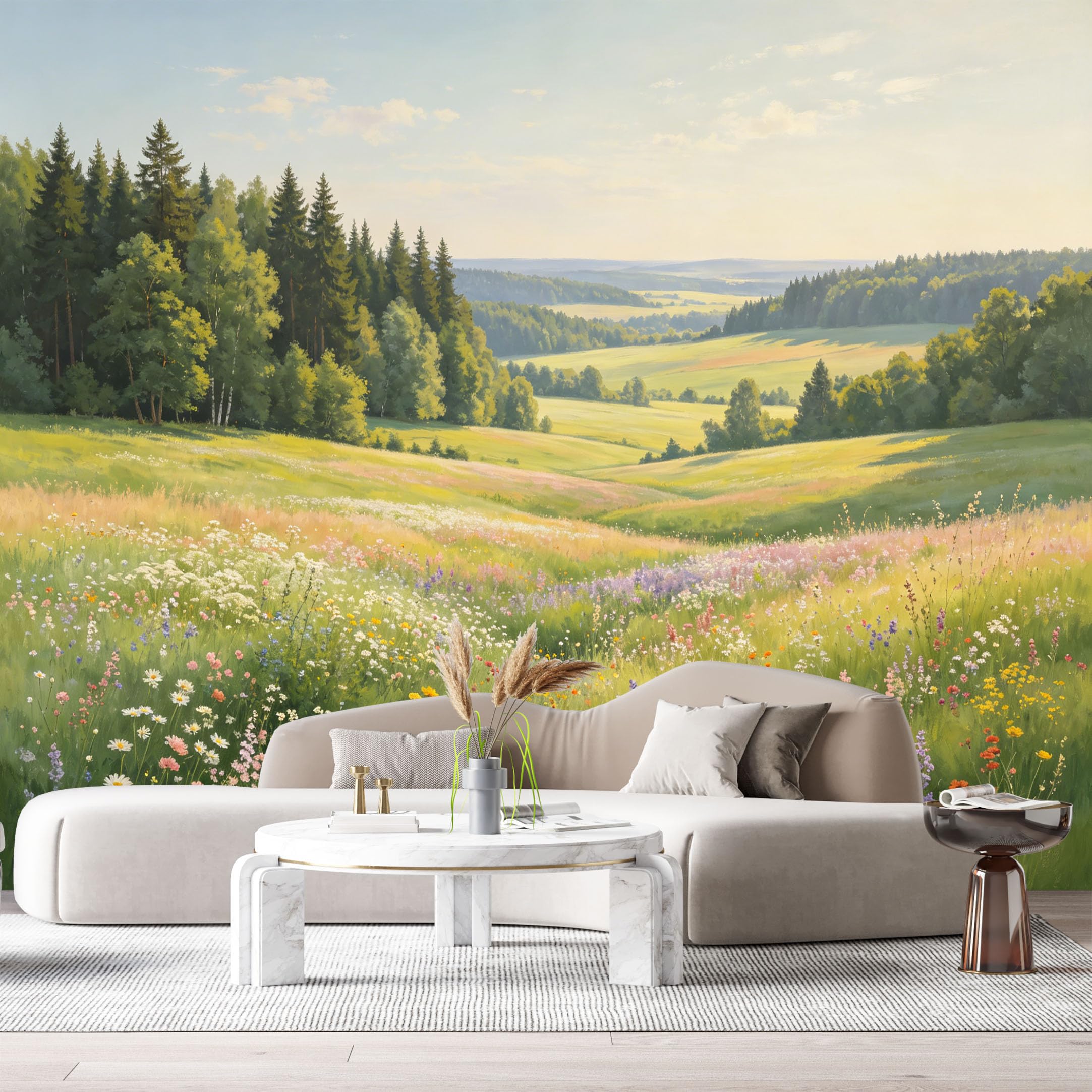 Custom Size Wall Murals Meadow Landscape Oil Painting Wildflower Field Forest Horizon SelfAdhesive Wall Fabric Removable Large Wallpaper for Photo Living Room