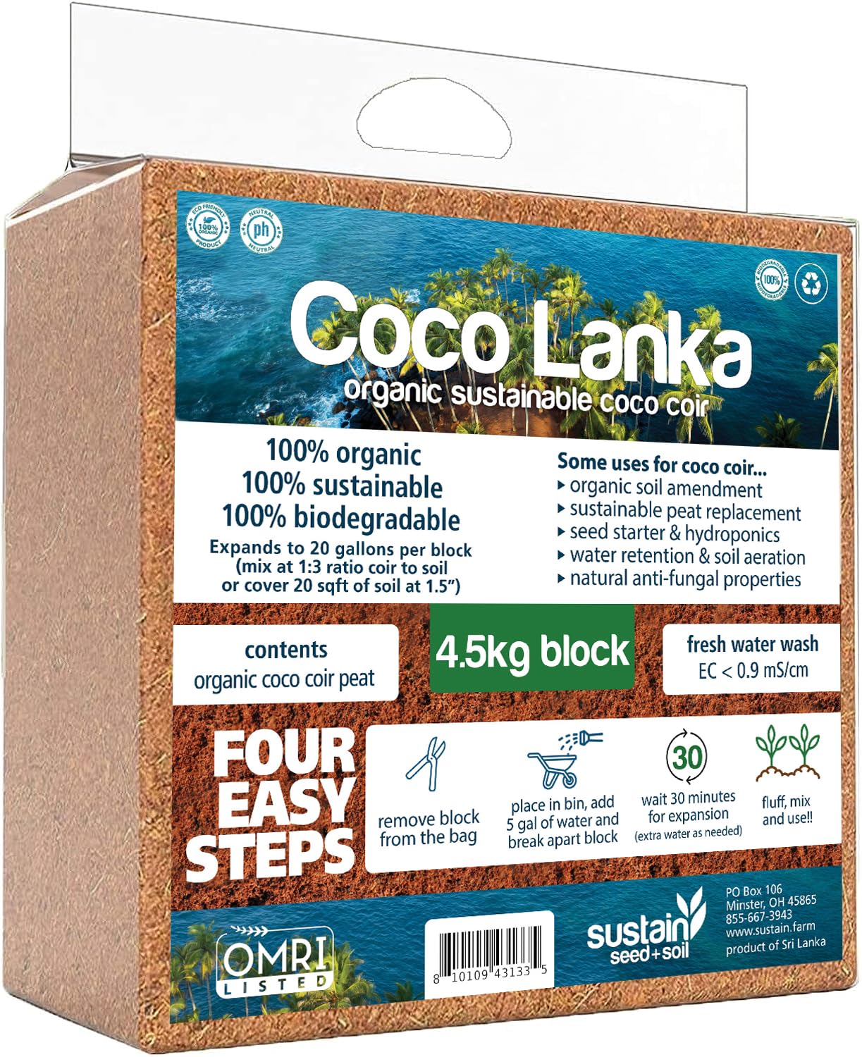 Organic Coco Coir by Coco Lanka - 10lb/4.5KG Compressed Coco Coir Block with Low EC and pH Balance - High Expansion for Flowers, Herbs, and Planting - Renewable Coconut Soil