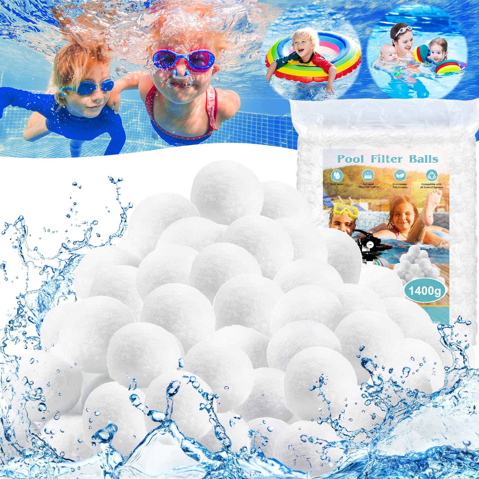 tillvex® Palline filtranti per Piscina 1400g, Filtro per impianto di filtraggio a Sabbia | Sostituzione di 50kg di Sabbia filtrante | Extra Durevole per Acqua cristallina | Sostituzione Ecologica