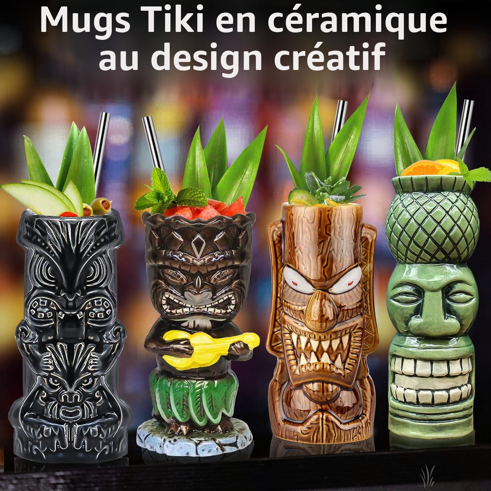 Lot de 4 verres Tiki en céramique pour cocktails créatifs, grands verres exotiques style tropical hawaïen, pour bar, qualité supérieure