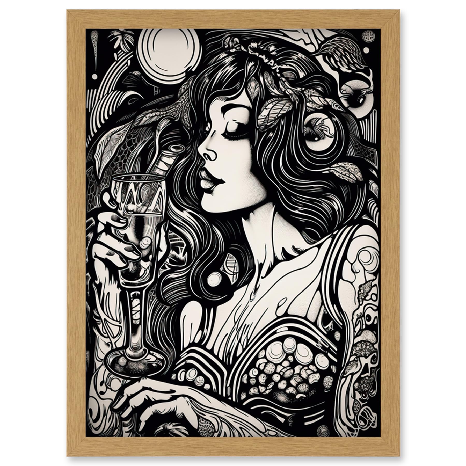 Artery8 Woman Drinking Wine Black and White Illustration Artwork Framed Wall Art Print A4