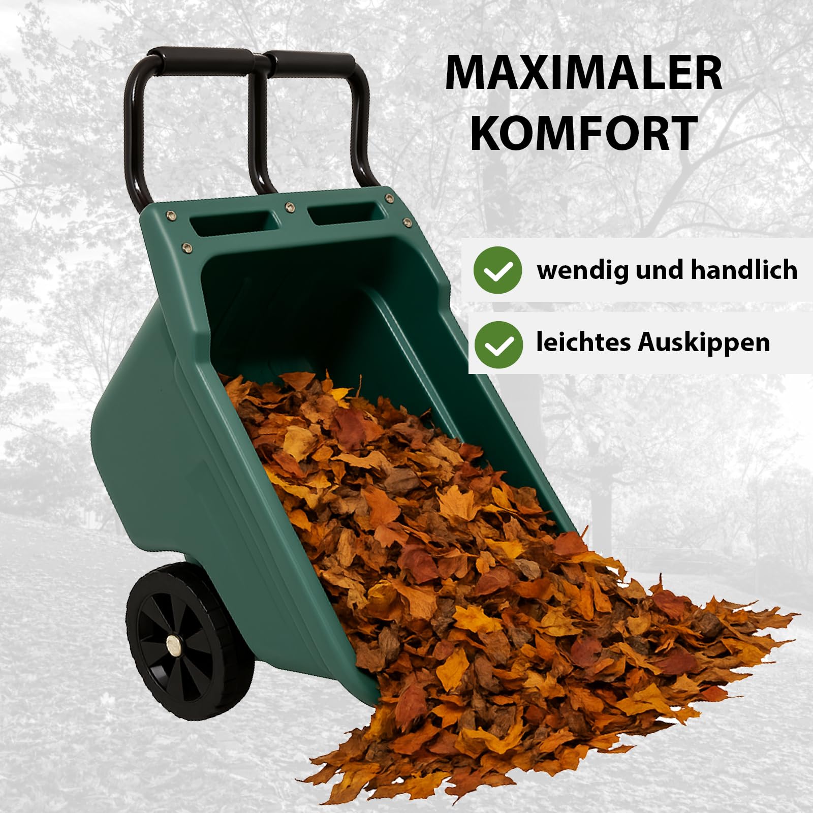 TRUTZHOLM Gartenwagen Transportwagen Schubkarre 250 kg Tragkraft – robuste Kunststoffwanne 98x55x64 cm, Stahlgriff grau gepolstert, 8 kg Gewicht, kippsicher, ideal für Erde, Laub, Holz, Einhandkarre