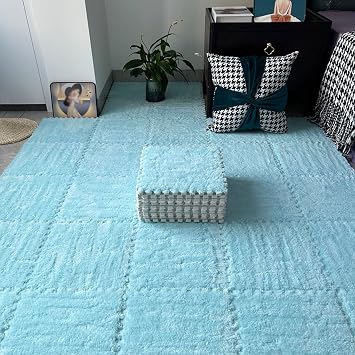 60 Pieces Jigsaw Fluffy Plush Puzzle Foam Floor Mat,Puzzle Soft Rug,Interlocking Carpet Tiles,0.23 and 0.39 Inch Thick,12 InchSize0.23 inch,ColorLight Blue