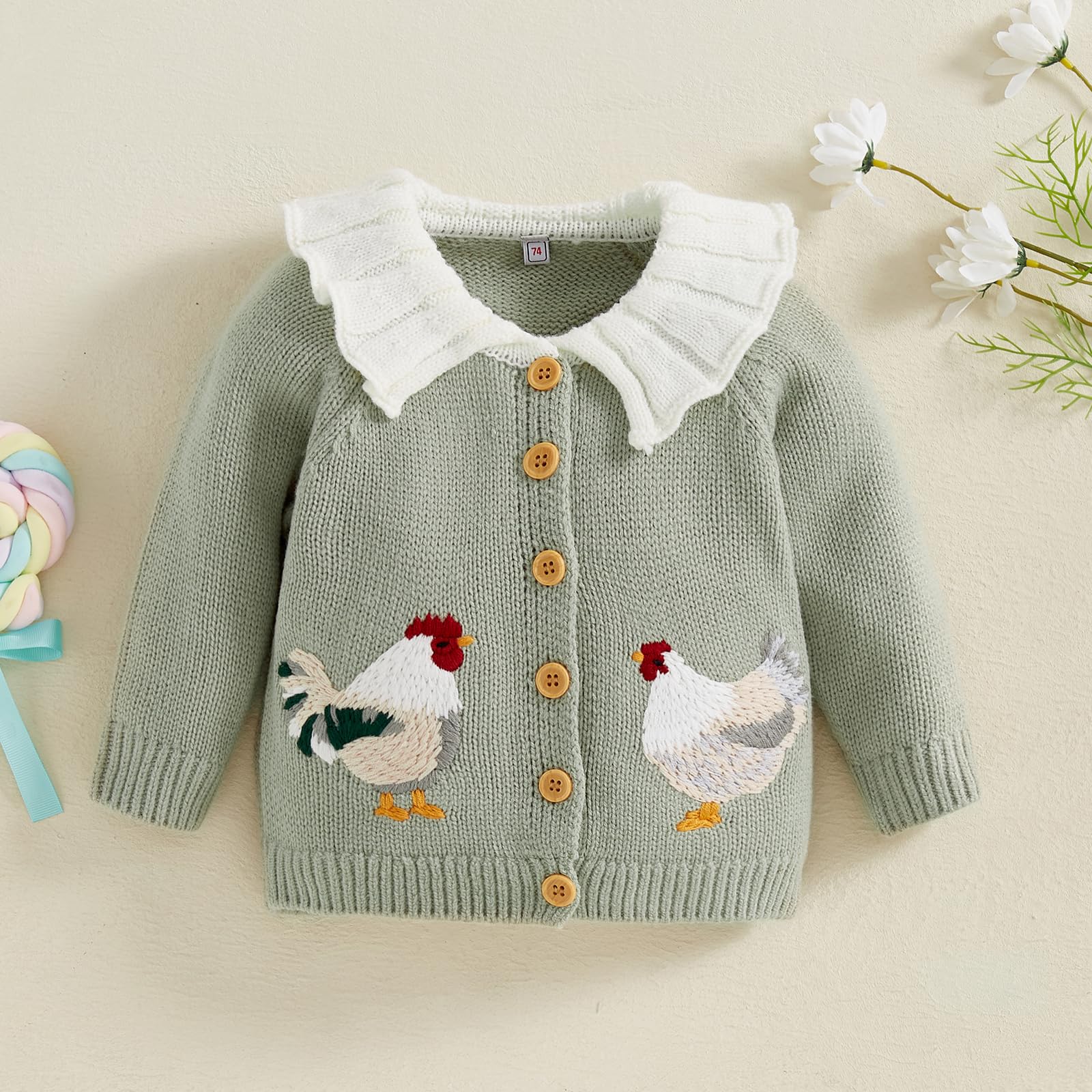 Sexy Outfit Cárdigan de Punto para niña, Bordado de Gallo, Cuello de muñeca, Manga Larga, con Botones, Chaqueta de Punto, Abrigo cálido para otoño e Invierno