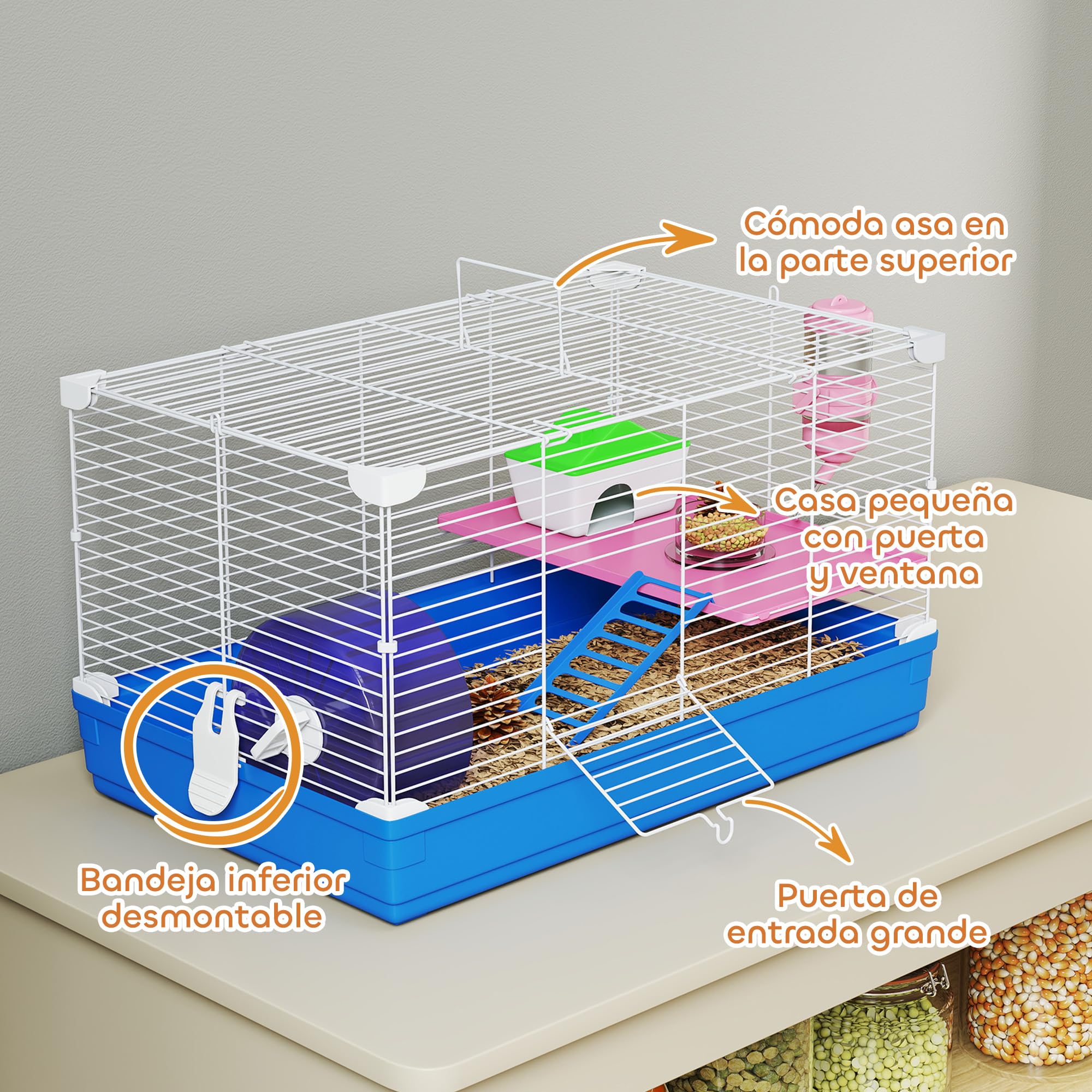 PawHut Jaula para Hámster, Casa para Roedores Pequeños con Rueda de Ejercicio, Cuenco, Bebedero, Casita, Rampas, Plataforma, Bandeja Extraíble, para Jerbos, 47x30x27 cm, Azul