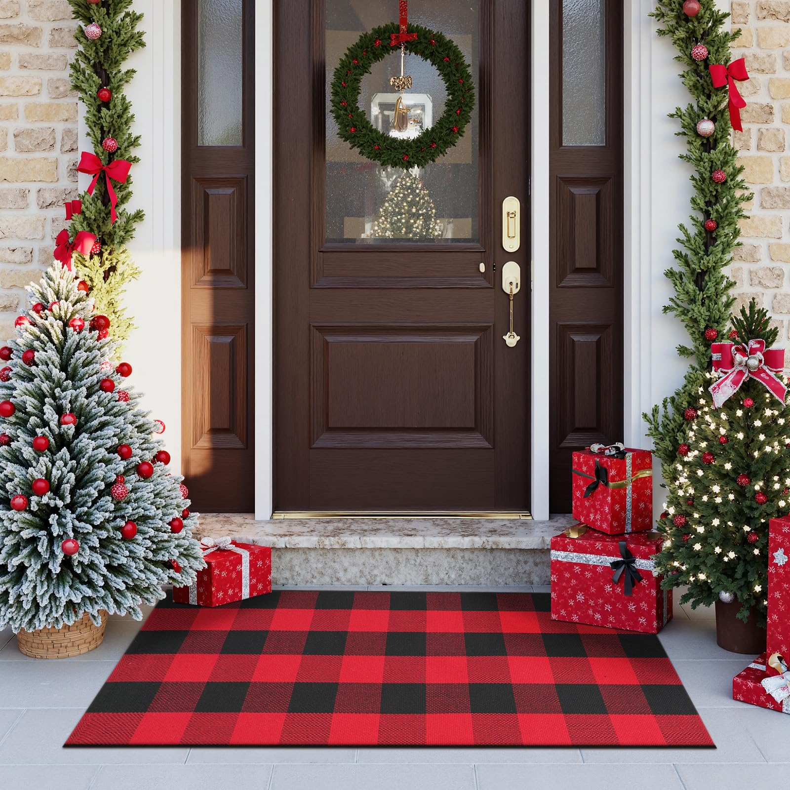 Sungea Christmas Door Mats Outside 24"x 51", Red/Black Buffalo Plaid Outdoor Rug Washable Cotton Hand-Woven Front Door Rug, Checkered Reversible