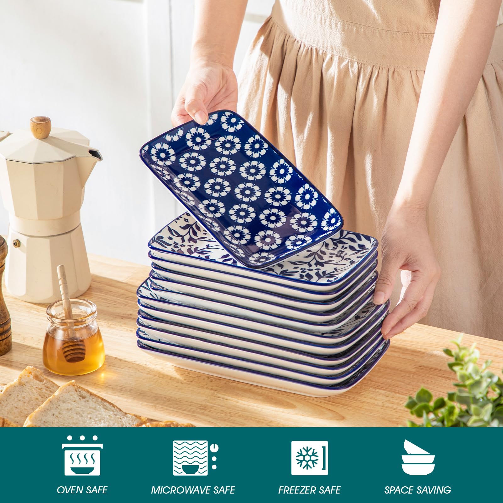 vancasso SELENE Juego de 6 Platos Pequeños para Servir - 22 x 13 cm Platos Rectangulares Para Postres, Sushi, Aperitivos - Apto para Microondas - Estilo A Azul y Blanco Chino