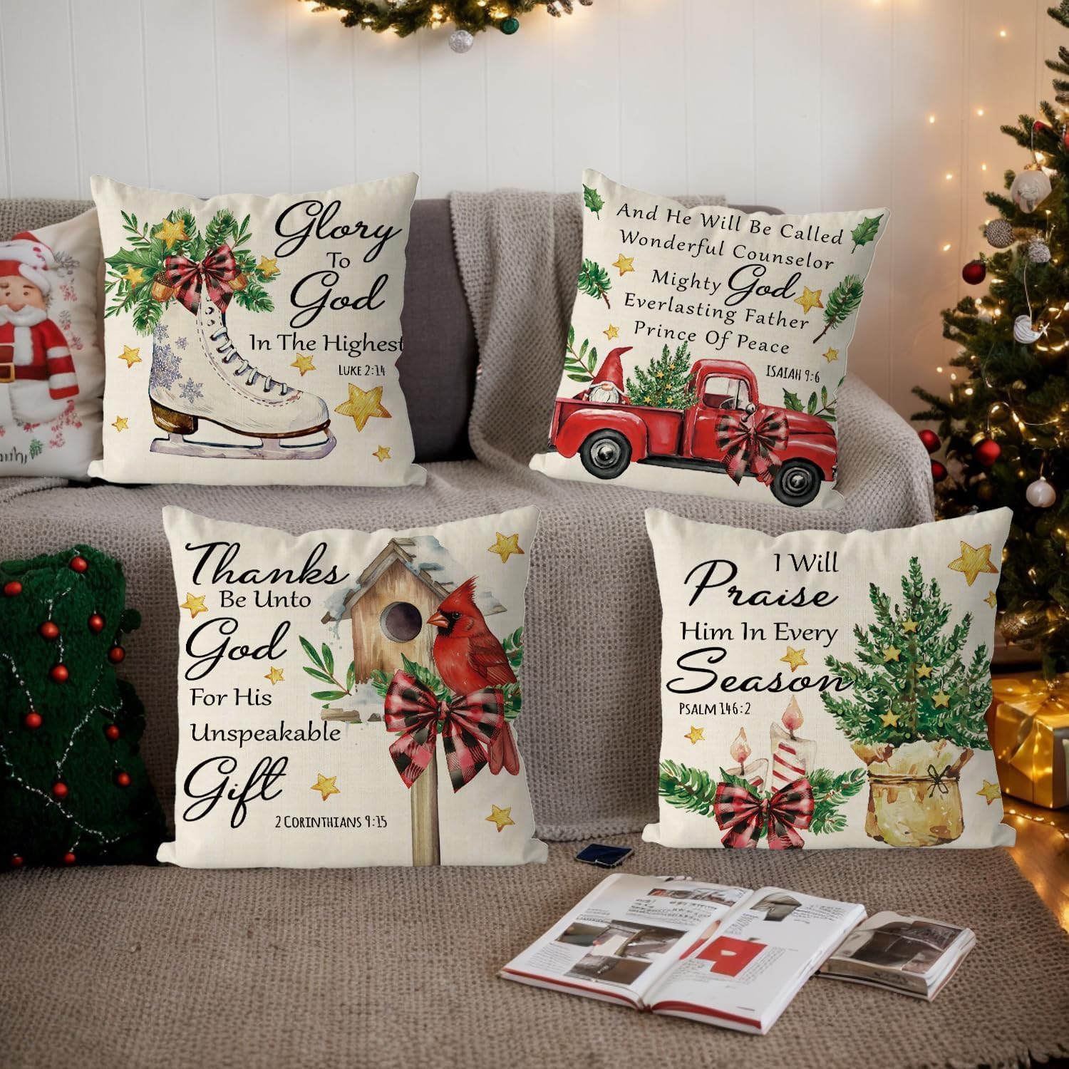 Christian Christmas Decor Jesus Christmas Pillow Covers Xmas Farmhouse Vintage Decorations Home Sofa Living Room Decorative Cushion Case 16x16 Inch Set of 4