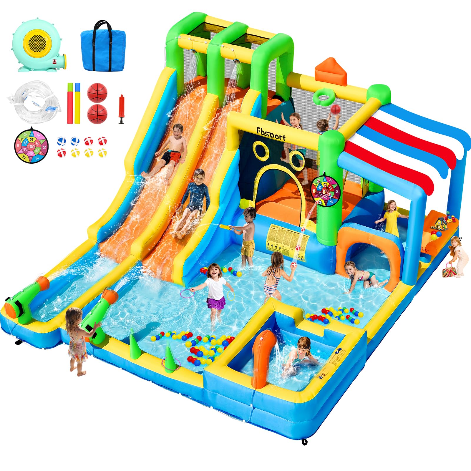 Castello Gonfiabile Grande con 2 Scivoli d’Acqua per Bambini, Parco Acquatico con Trampolino, Piscina, Canestro da Basket, Parete da Arrampicata, per Interno ed Esterno 445x403x200 cm