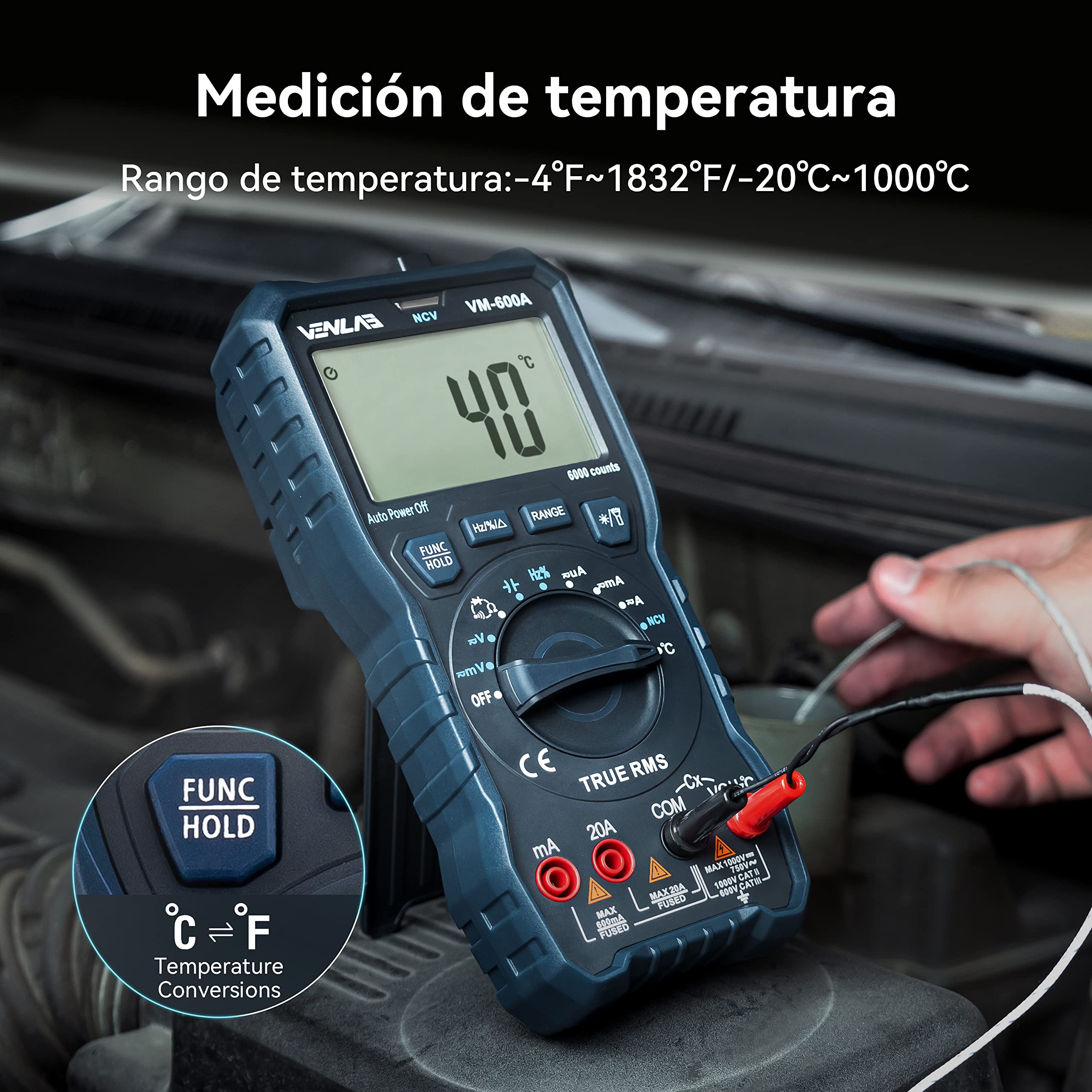 Multímetro digital VENLAB, Polimetro TRMS 6000 cuentas,Voltimetro, Mide Voltaje y Corriente CC/CA, Resistencia, Diodo, Continuidad, Ciclo de trabajo, Capacitancia y Temperatura, VM-600A