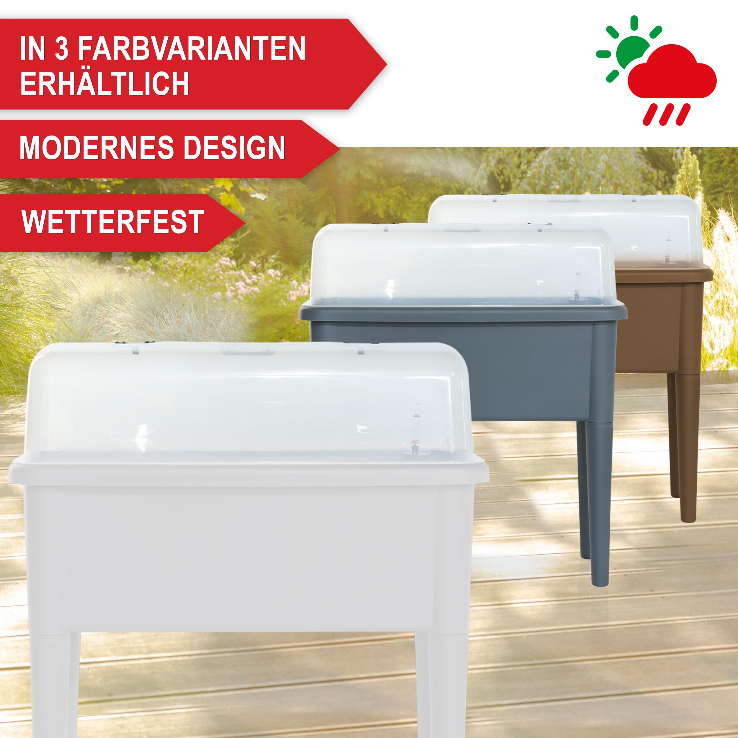 Onbest Hochbeet/Frühbeet – mit Abdeckhaube/Wasseranzeige – aus robustem Kunststoff – ideal für Garten/Terrasse/Balkon – Kräuterhochbeet zur Anzucht – Pflanzkasten inkl. Gartenwerkzeug (Weiß)