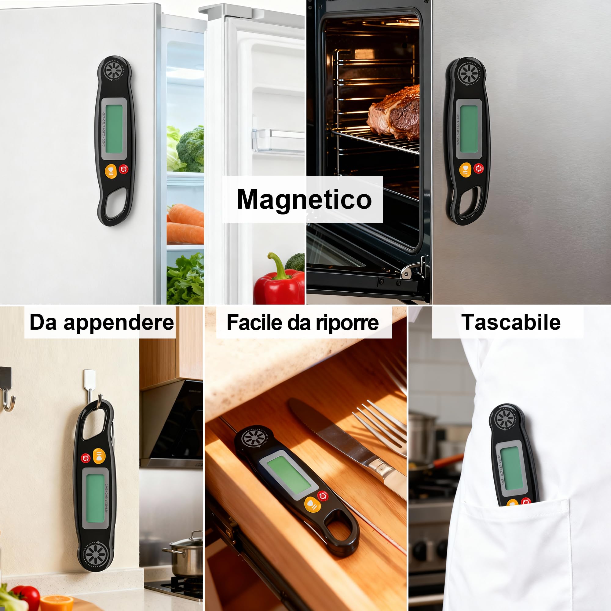 Antonki Termometro da Cucina Digitale con Sonda Pieghevole e Display LCD Retroilluminato, Lettura Istantanea in 3 Secondi per BBQ, Carne, Olio, Latte, Vino, Dolci e Liquidi