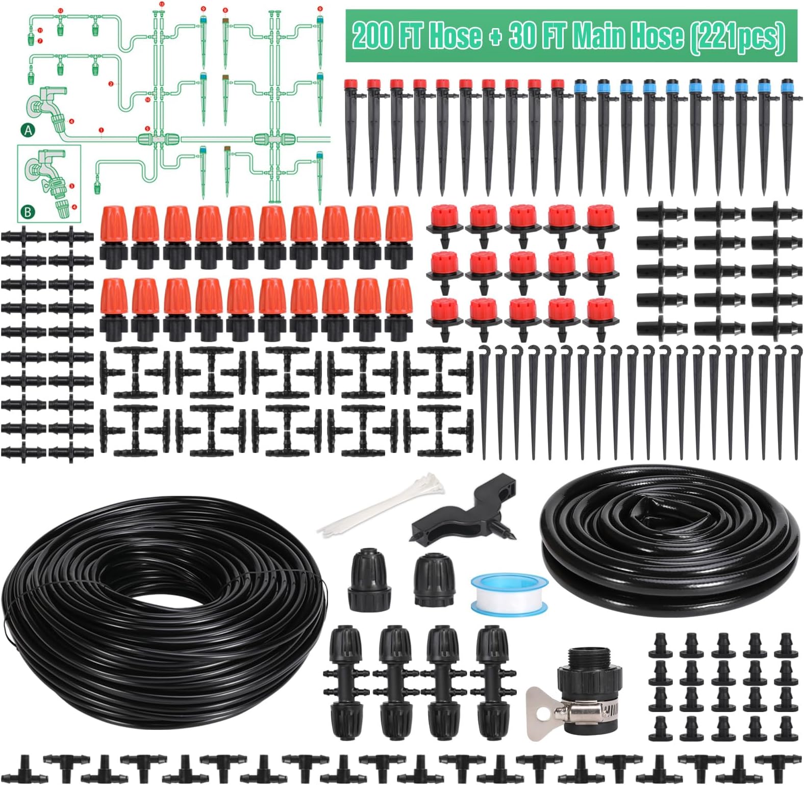 226FT Drip Irrigation Kit-Quick Connector Garden Watering System- Irrigation System Patio Misting Plant Watering System -1/4 inch 1/2 inch Irrigation Tubing Hose Adjustable Nozzle Barbed Fittings