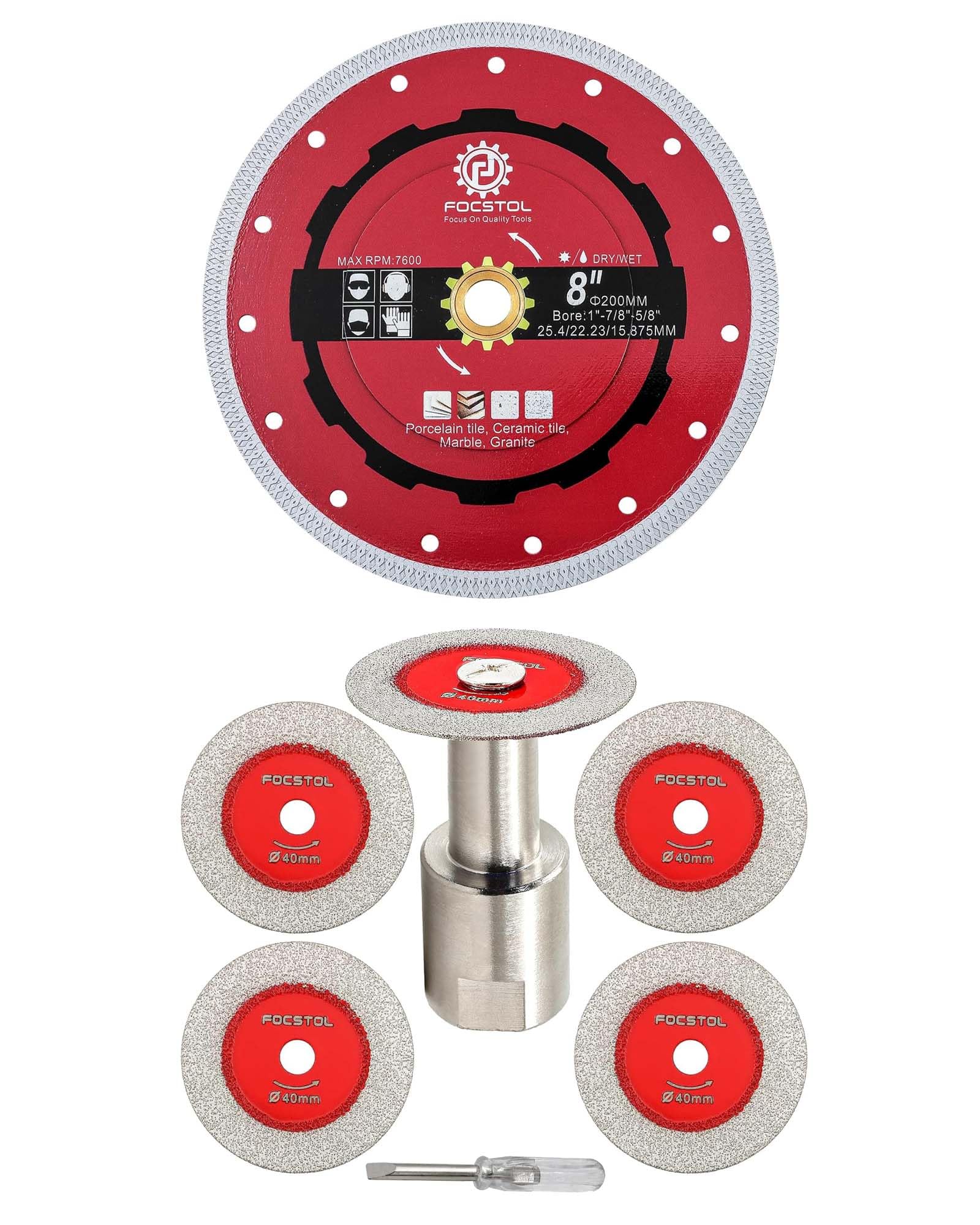 FOCSTOL Disco Corte Vidrio 5 piezas 40mm Disco Diamante y 1 pieza M14 Brida y Disco Diamante Azulejos 200mm 25,4mm x 22,23mm x 15,875mm