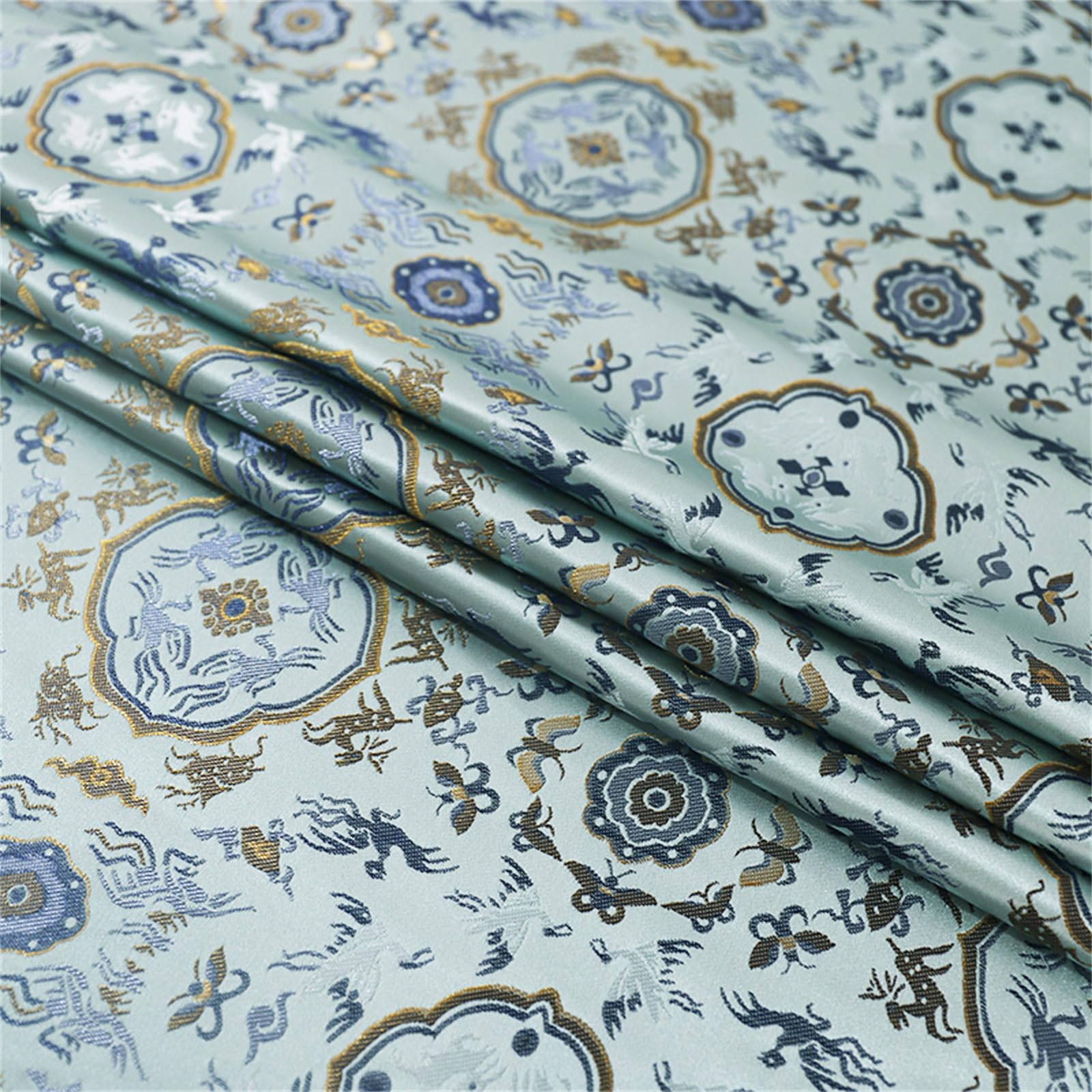 Stickerei-Damast-Stoff, Satin-Jacquard-Stoff, Kranich-Hirsch-Musterdruck, neuer chinesischer Stil, nationale Cheongsam-Weste, Song-Jacquard, modisches Kleid, Möbel, Sofa, 100 x 145 cm, Gold (Farbe: Bl