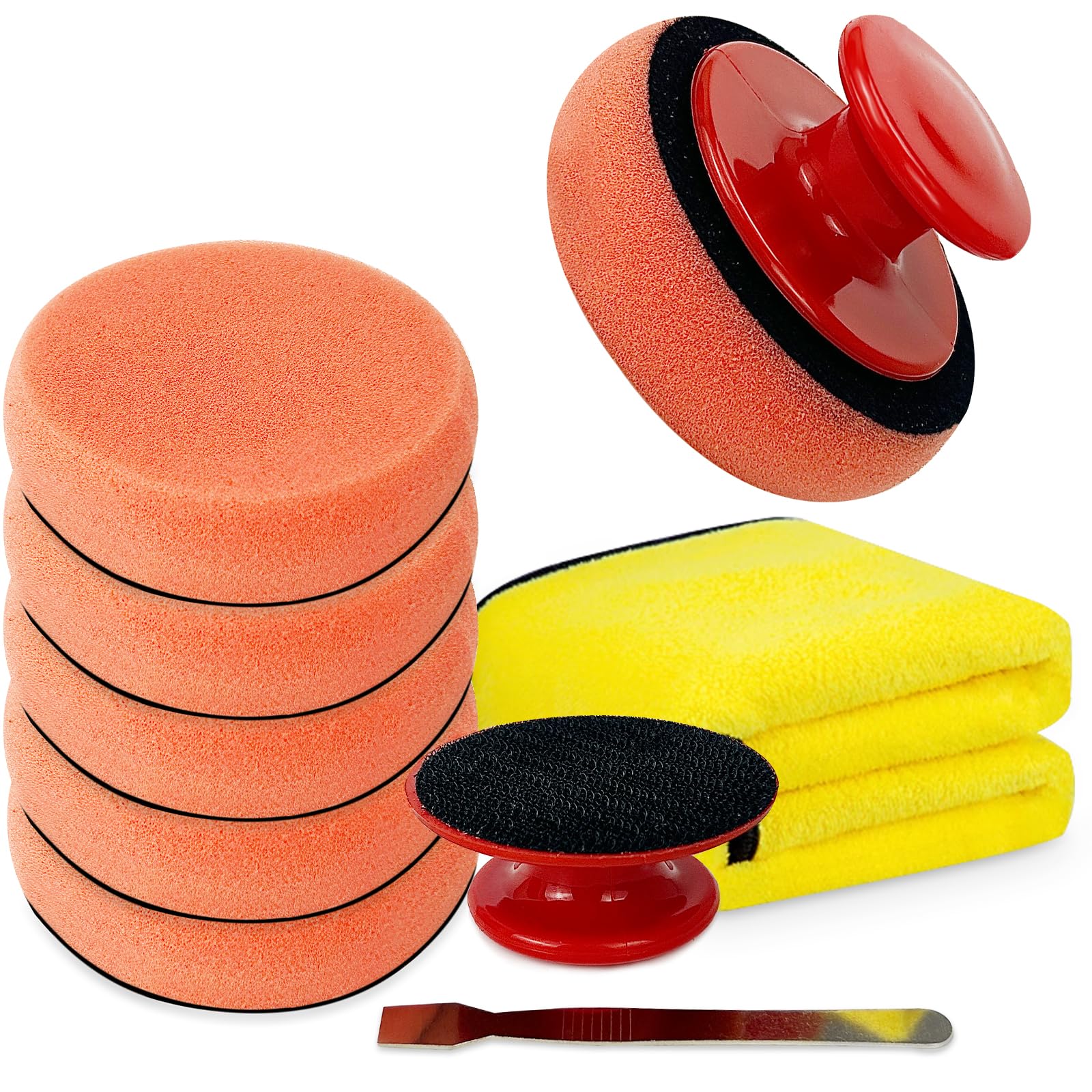 6 Pcs Polishing Pads, 90mm Buffing Pad and Waxing, Car Polishers and Buffers, Body Repair Buffing & Polishing Pads, Compound Sponge, with Towel, for Scraper