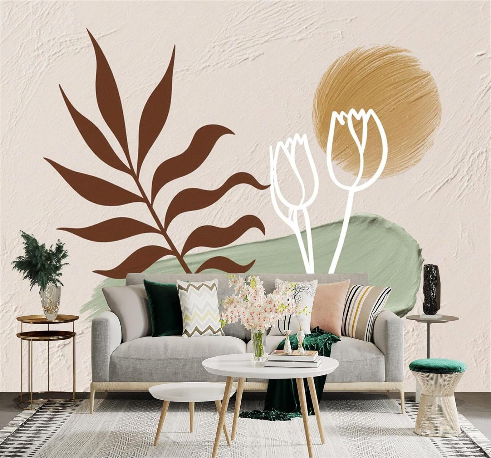XLMING Leaves Sunshine Green Tulips Lines Art 3D Wallpaper Premium Textured Silk Study Dining Living Room Bedroom Sofa TV Wall Easy Install-400cm×280cm