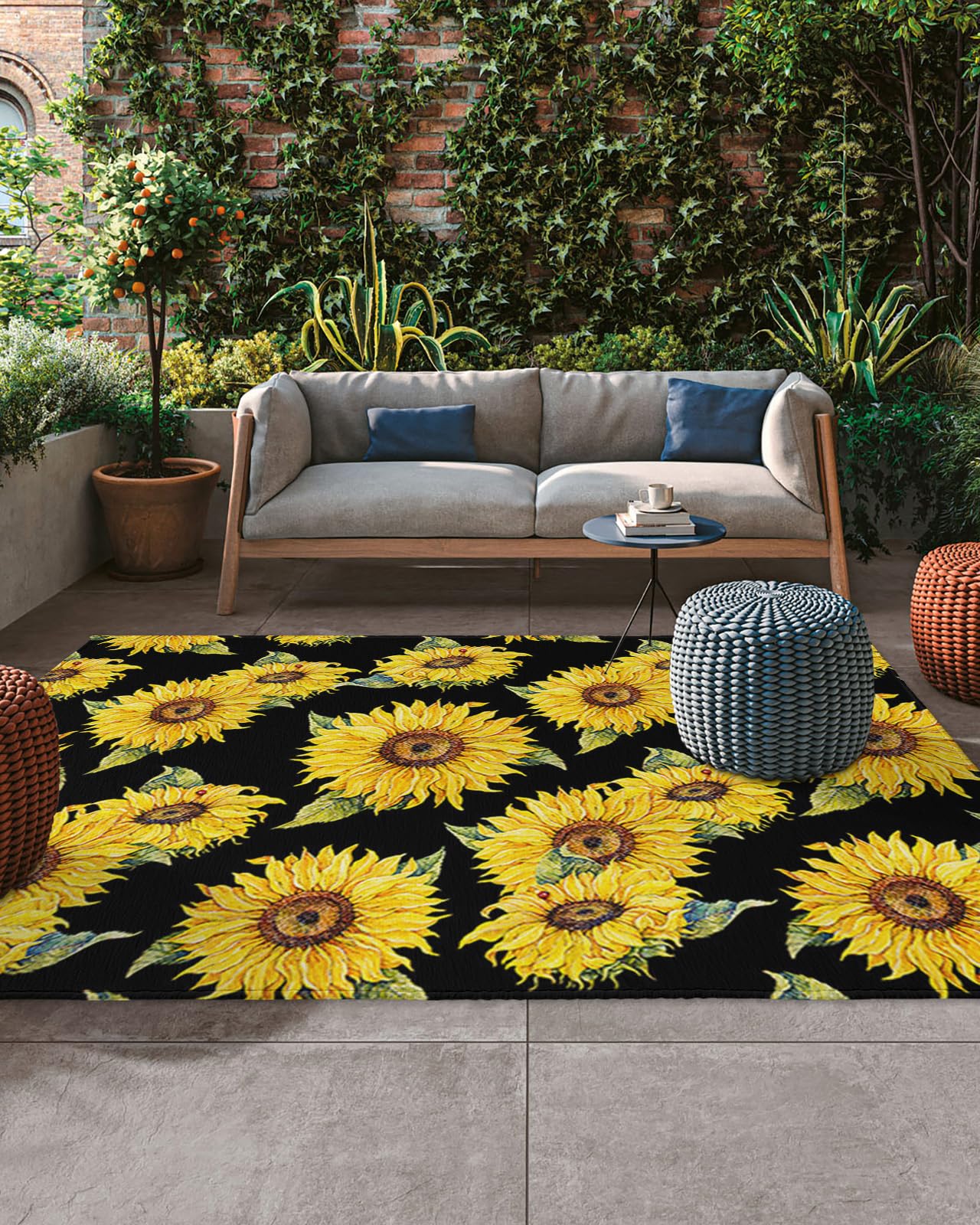 Outdoor Rugs for Patio Clearance - 4'x6' Waterproof Indoor Outdoor Rug Carpet Sunflower Black Area Rug for Picnic Beach Porch Deck