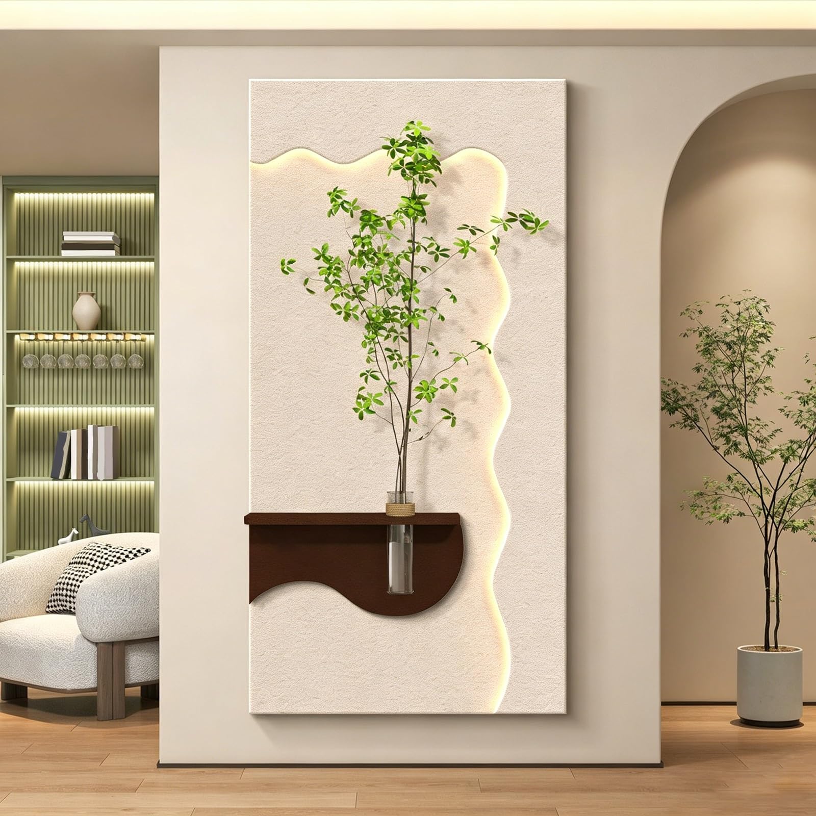 ZCQMSCWW 3D LED Wall Art with Hydroponic Vase, Green Plant Holder Sandstone Finish Plug in Powered Living Room Bedroom Decor(E,160 * 80cm/62.9 * 31.5in)