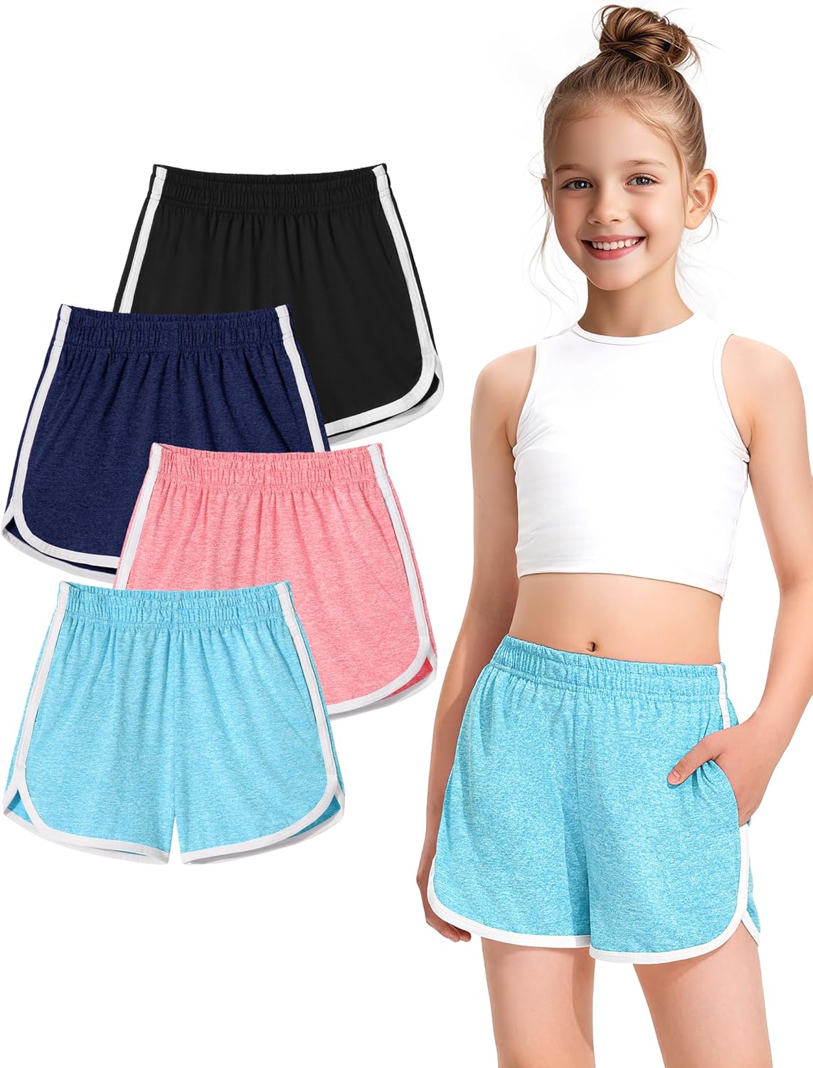 BOOPH 4 Packs Girls Shorts Quick Dry Kids Athletic Soccer Running Dolphin Shorts with Pockets