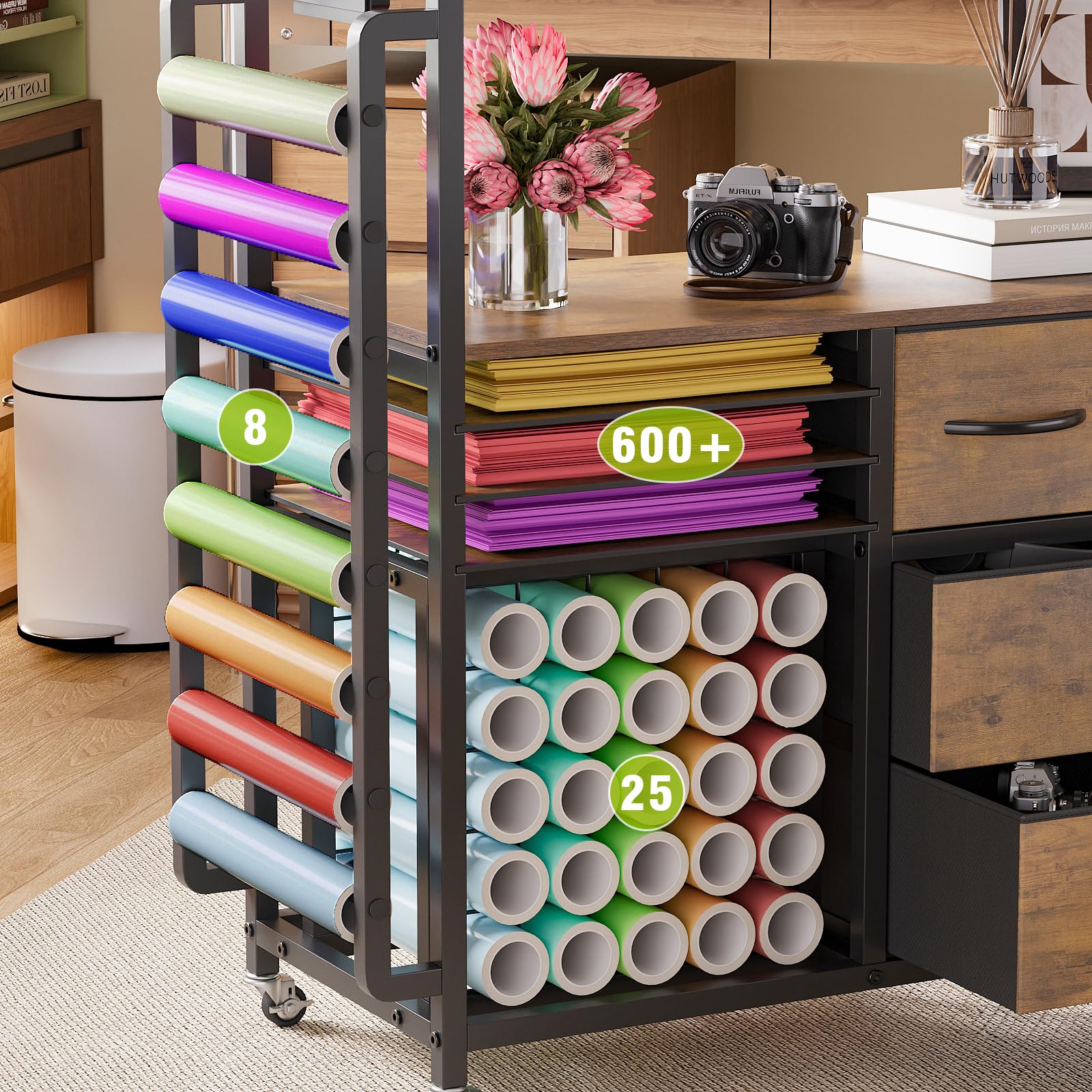 VEDECASA Grande organizer per bricolage, compatibile con macchine Cricut, cassetti in tessuto e porta rotolo in vinile, carrello mobile per la stanza del fai da te (marrone)