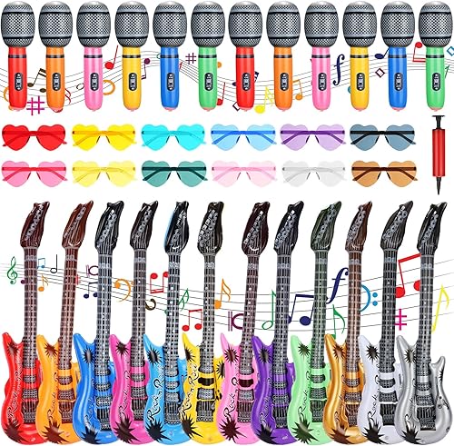 El juego de 36 piezas de juguetes inflables de estrella de rock incluye 12 guitarras inflables, 12 micrófonos inflables, 12 gafas de sol coloridas