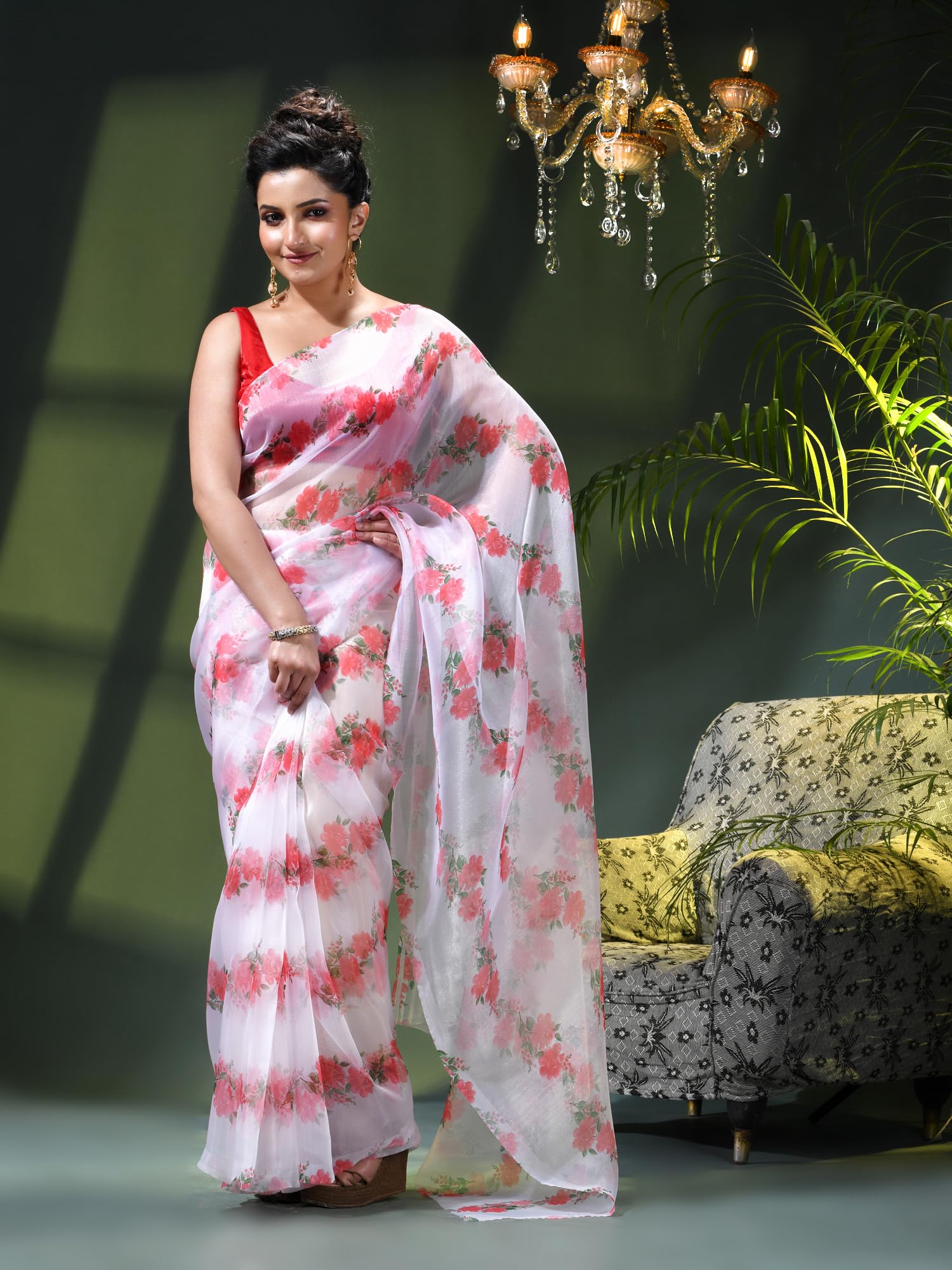 Desh Bidesh Organza Printed White Red Festive Ethnic Saree For Women-image-25