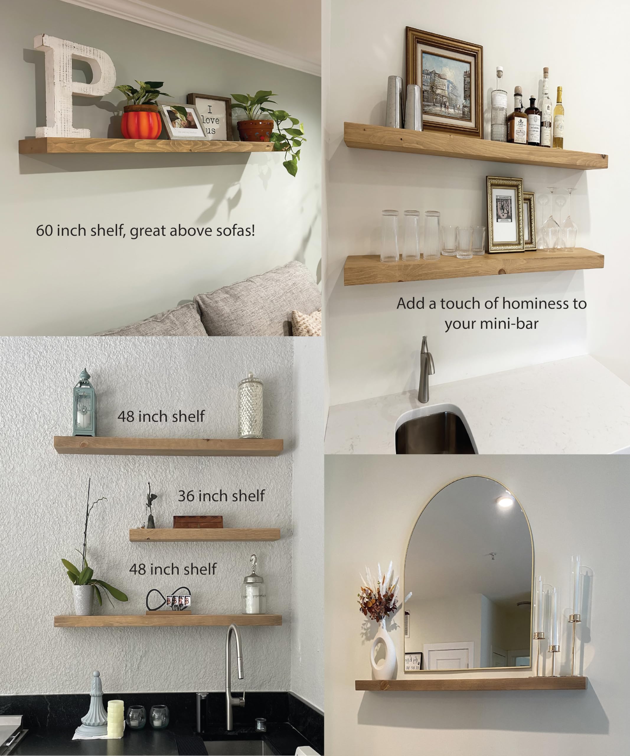 Joel's Antiques - 48 Inch Wooden Floating Shelves for Wall - 48x8x2 in - Made of Natural Wood - Long Heavy Duty Rustic Wall Shelves for Bedroom - Perfect for Living Room, Kitchen - Natural