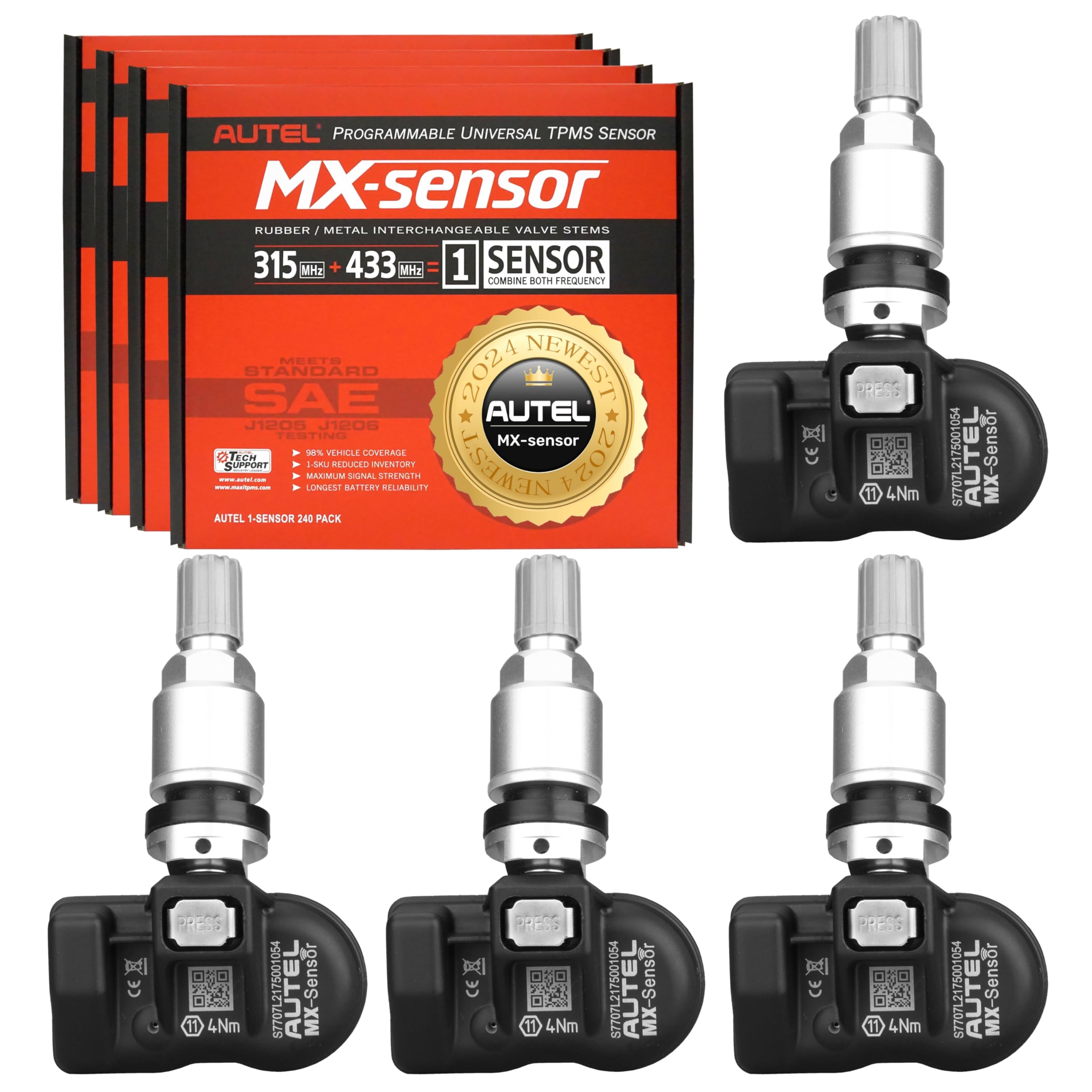 Autel MaxiTPMS MX Sensors 4pcs Pack Metal Stem TPMS Sensor 315MHz/433MHz Universal Tire Replacement Sensor Work with TS900 TS408 TS501 TS508 TS601 TS608 MK808TS MX808TS MS906TS ITS600