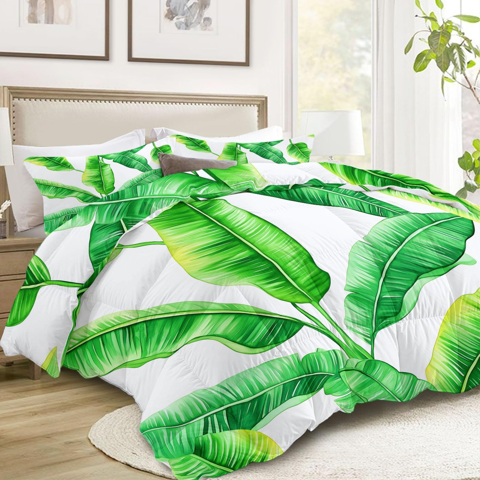 Botanico Foglia di Banana Foglia di Palma Trapunta Calda 140 x 200 cm, Bianco Verde Trapunta Leggera per Letto - Coperta morbida 4 stagioni Trapunta Lavabile per Bambini Ragazze Ragazzi Adolescenti