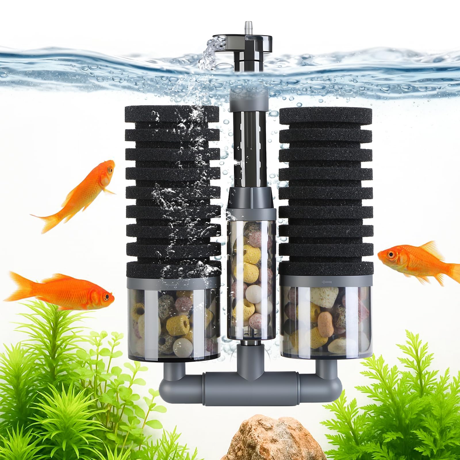 FKSC Dual Sponge Aquarium Filter, Air-Powered, 10–40 Gal – Ultra-Quiet Bio-Sponge Filtration | Freshwater & Saltwater | Easy Setup