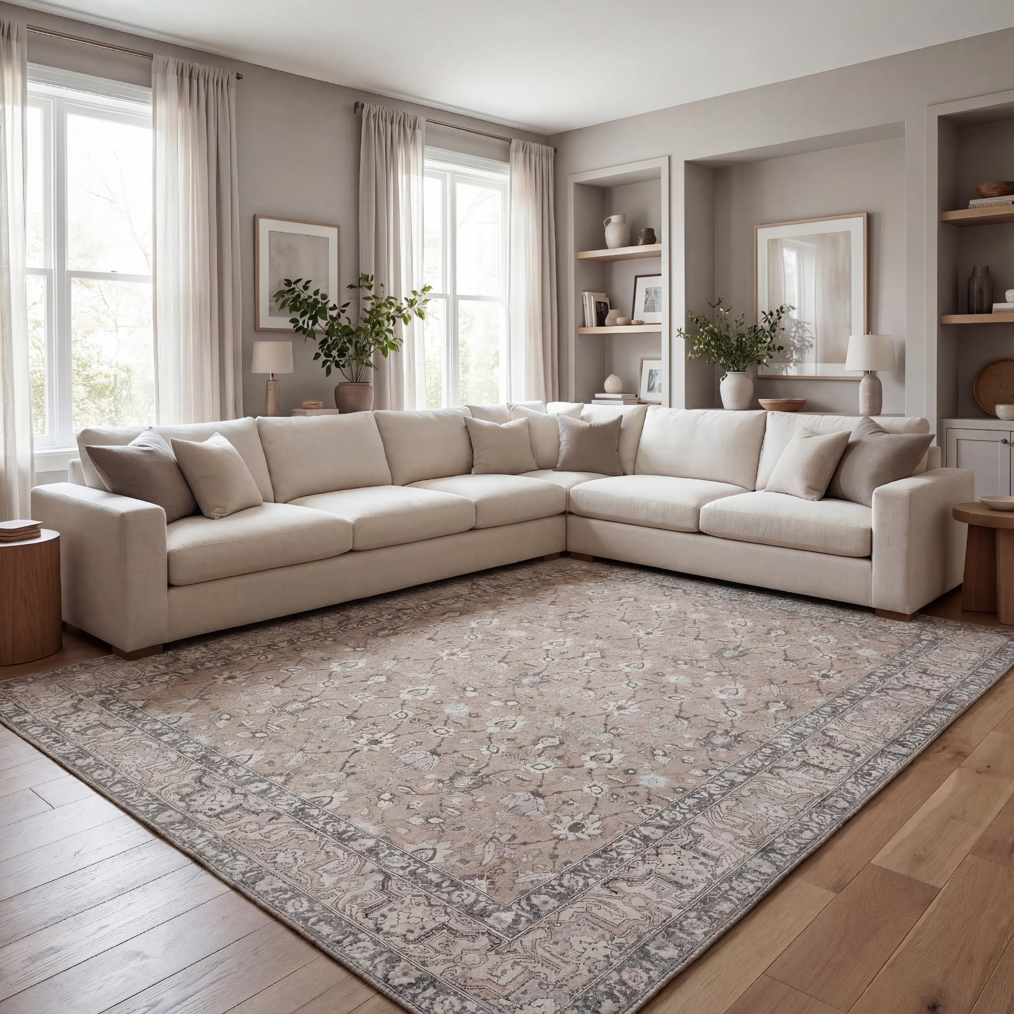 kuden 10x14 large area rug, machine washable area rug with non-slip backing, vintage style, soft, easy clean, low pile rug for living room, bedroom, dining room