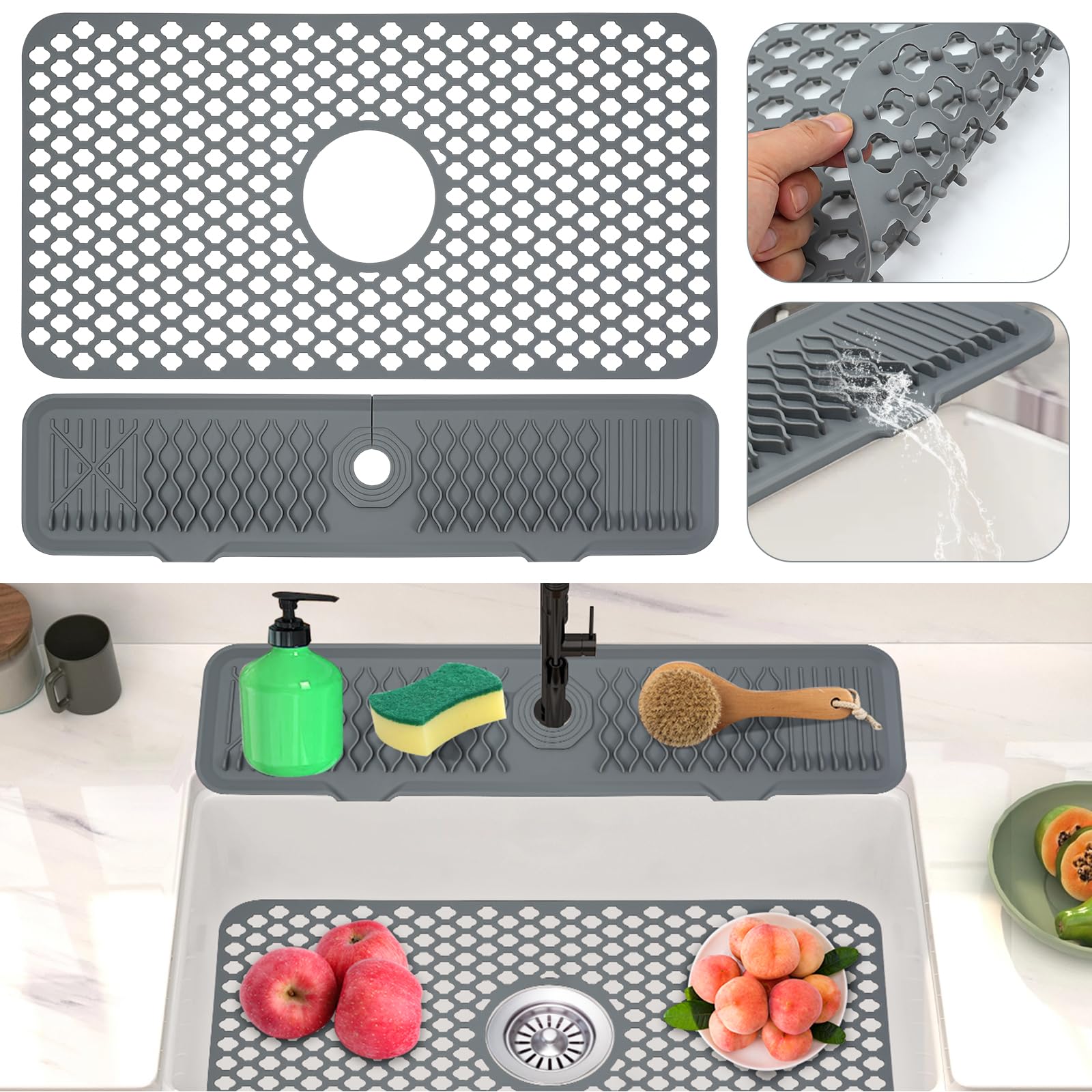 Dazhuocs 24.8'' x 13'' Silicone Sink Mat, with Upgraded 5°Slope 24'' Faucet Mat, Non-Slip Kitchen Sink Protectors for Bottom of Farmhouse Stainless Steel Kitchen Sink with Center Drain