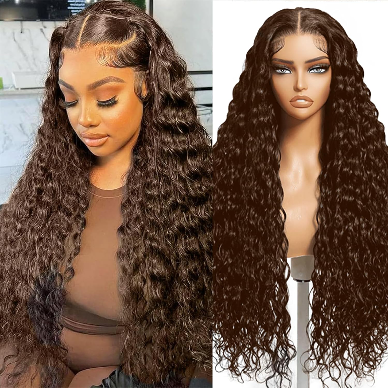 Chocolate Brown Lace Front Wigs Human Hair 220 Density 13x4 Hd Lace Deep Wave Curly Lace Frontal Wigs for Black Women Pre Plucked Glueless 4# Brown Colored Wig (18 Inch)